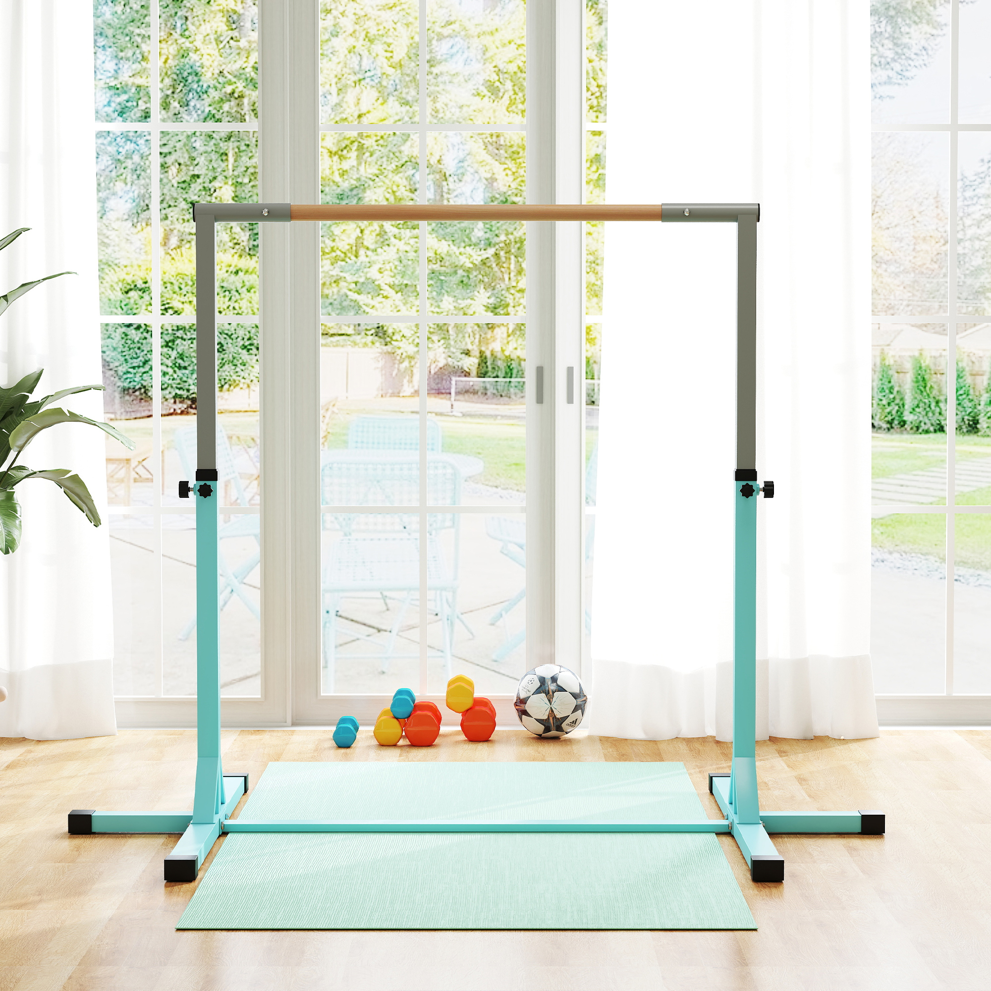 Gymnastik-Turnreck, Reckstange, 13-stufig höhenverstellbar, bis 75 kg belastbar, Stahl, Buchenholz, Hellblau