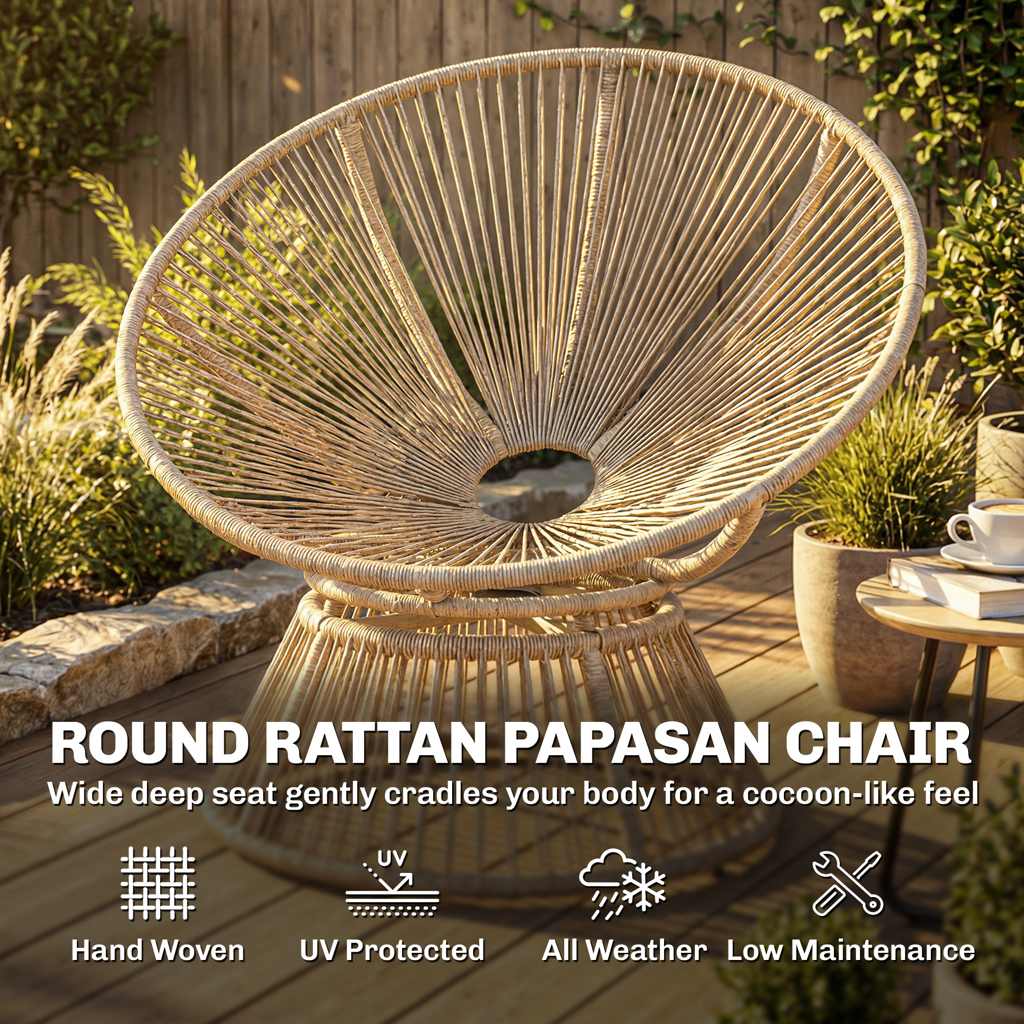 Papasansessel 360° drehbar Korbsessel mit Kissen Stahlrahmen runder Rattansessel Loungesessel Cremeweiß