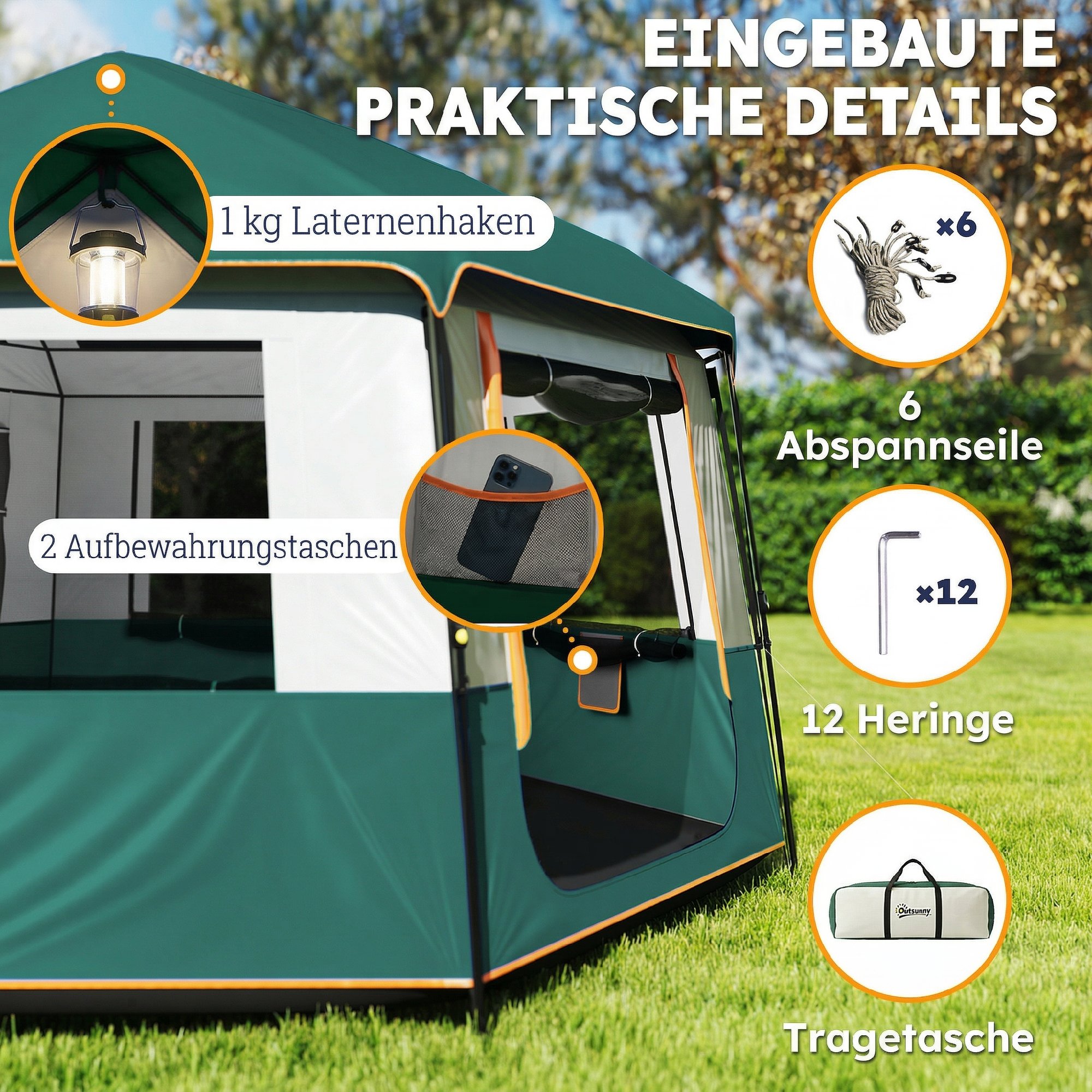 Campingzelt für 4-6 Personen stabil 3000mm wasserdicht Familienzelt mit abnehmbarem oberen Abdeckung UV30+ Schutz Grün