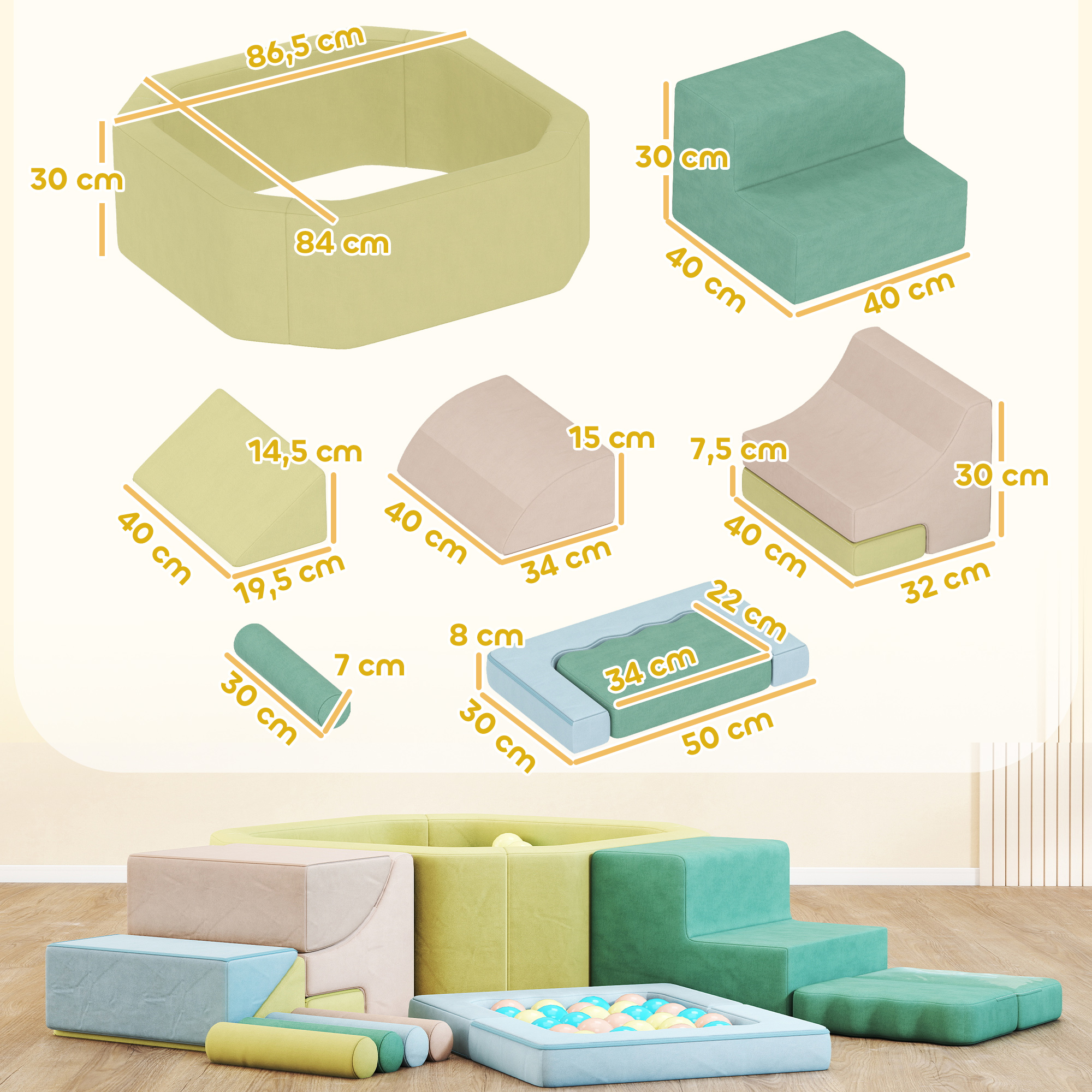 15-teiliges Softbaustein-Set, 200 Kunststoff-Bälle, Bällebad für Kleinkinder, Indoor, Schaumstoff, Bunt