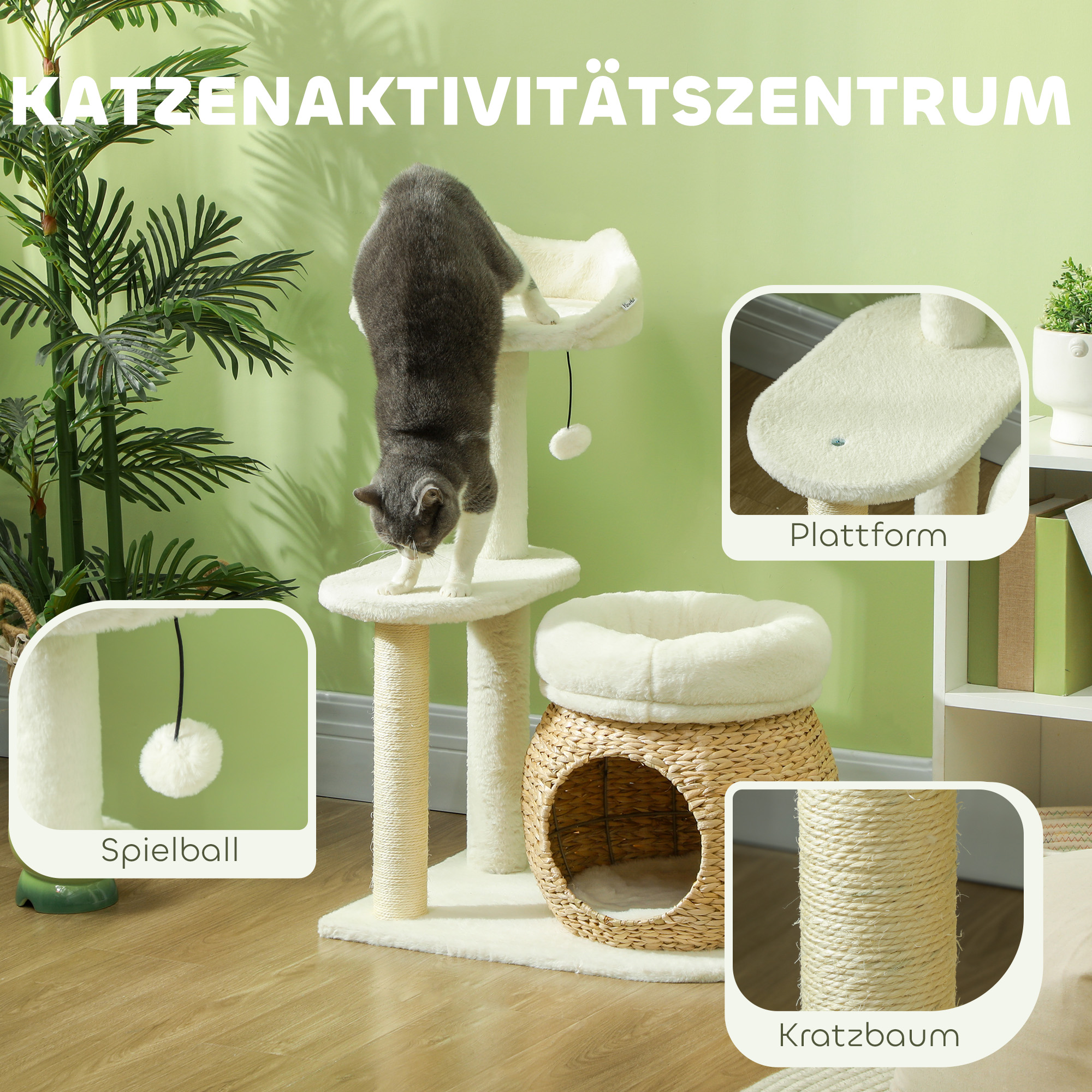 Kratzbaum mit Katzenhöhle, Spielball und Plattform, Schilfrohr/Sisal, bis 10 kg, 60 x 40 x 79 cm, Cremeweiß