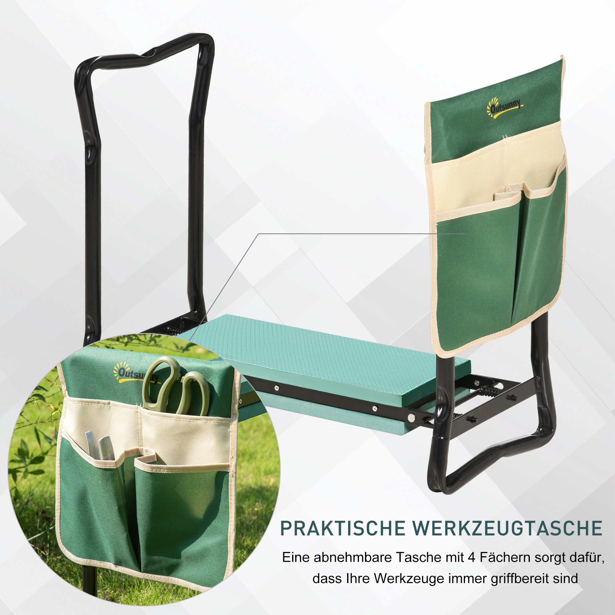 Kniebank, Klappbarer Gartenhocker, 2-in-1, Kniehilfe, mit Werkzeugtasche, EVA-Schaumstoff, 58 x 28 x 49 cm