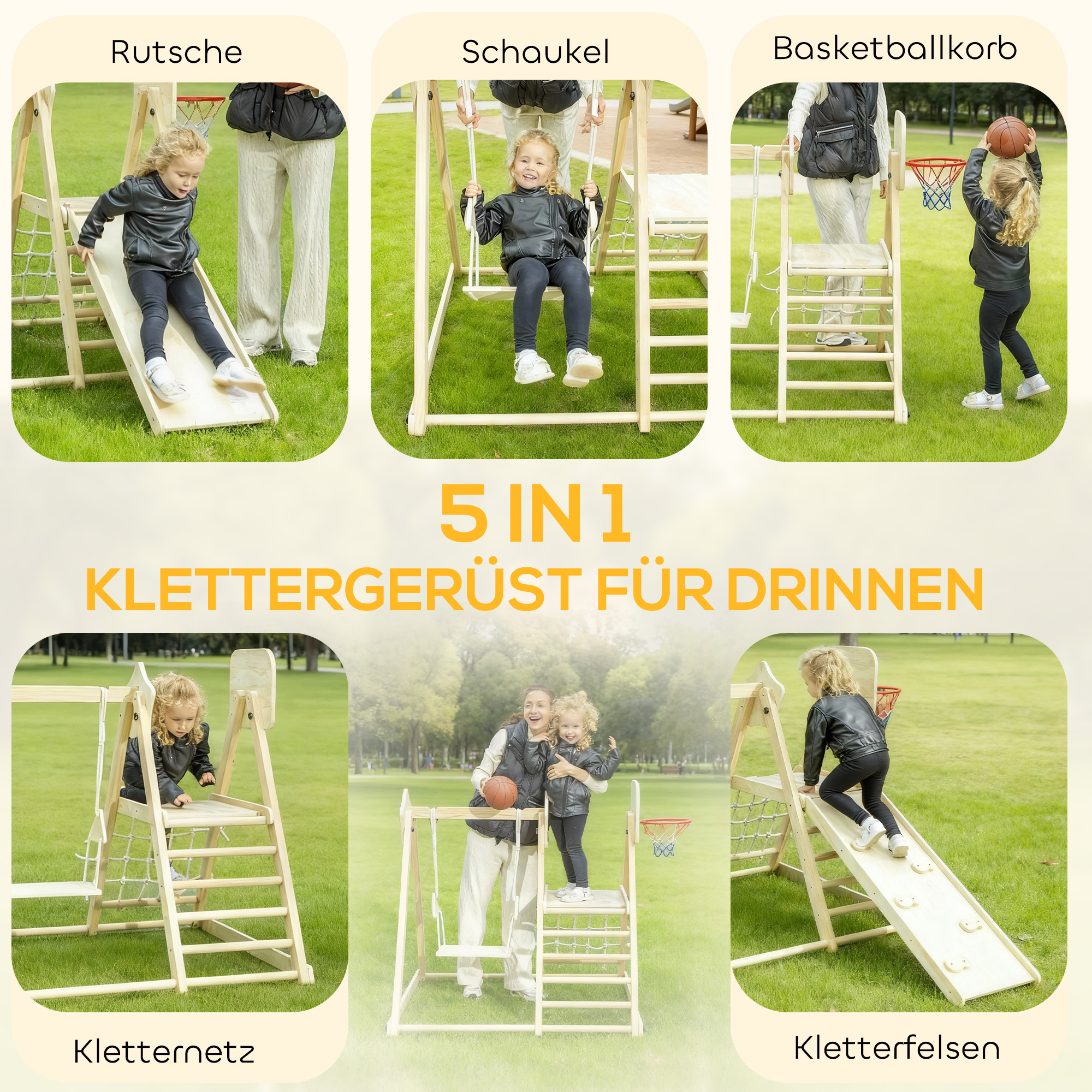 5-in-1 Indoor-Klettergerüst mit Rutsche, Schaukel, Kletternetz, Basketballkorb, klappbar, 3-6 Jahre, Naturholz