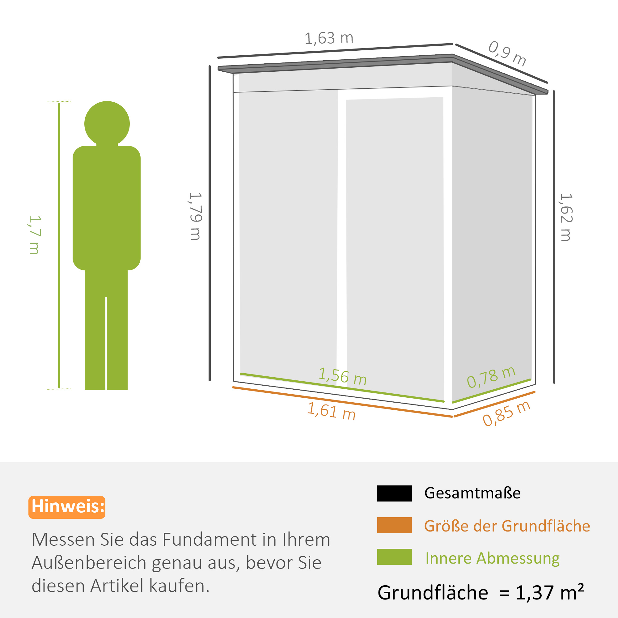 Metall Gerätehaus 1,37 m², abschließbar Geräteschuppen mit Lüftung Pultdach Handschuhen, 163 x 90 x 179 cm