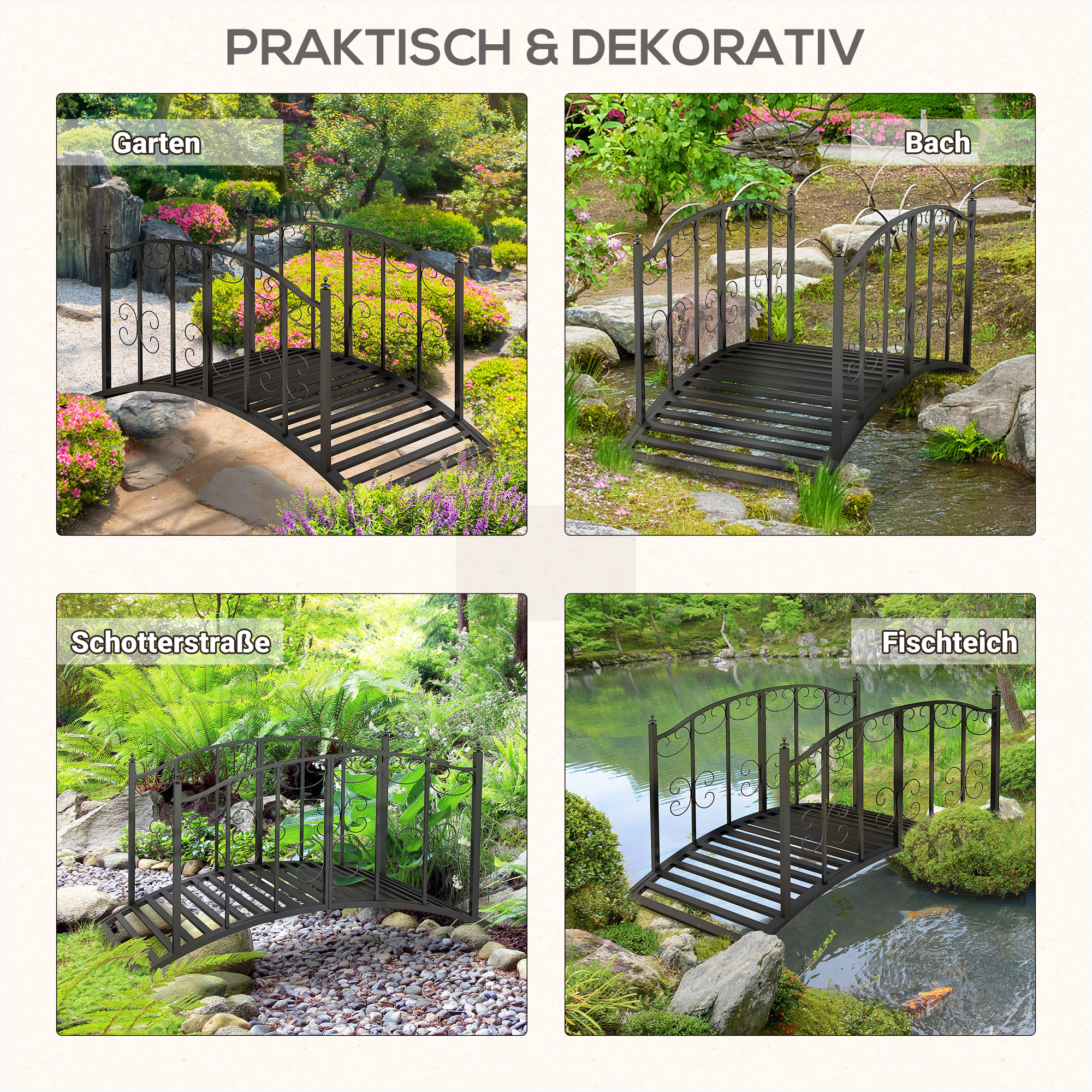 Vintage-Stil Metall-Gartenbrücke, Dekoration für Garten und Teich, 119x67x70 cm, Schwarz