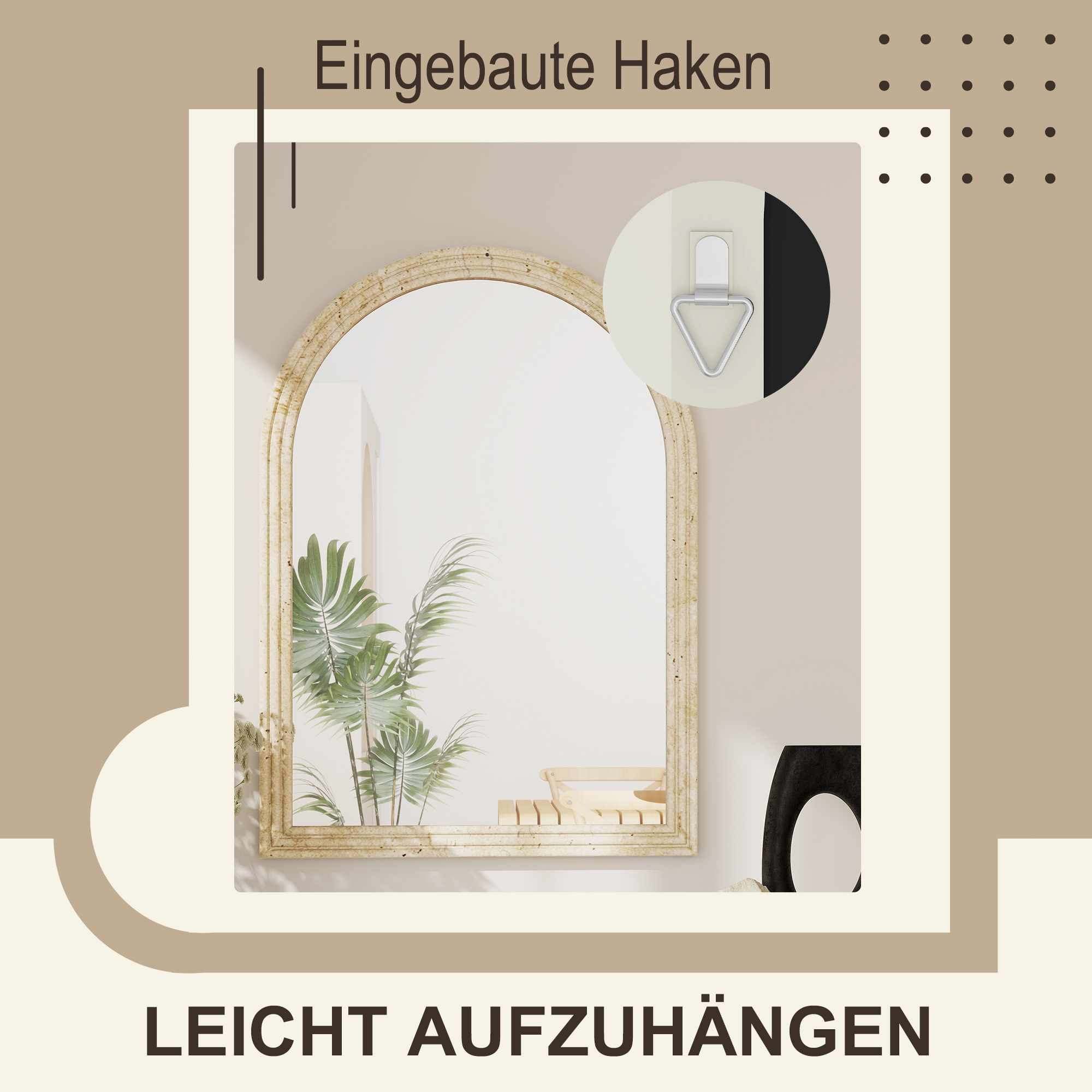 Wandspiegel Bogenförmig Spiegel mit Rahmen aus Polystyrol Dekorativer Hängespiegel 50 x 70 cm Beige