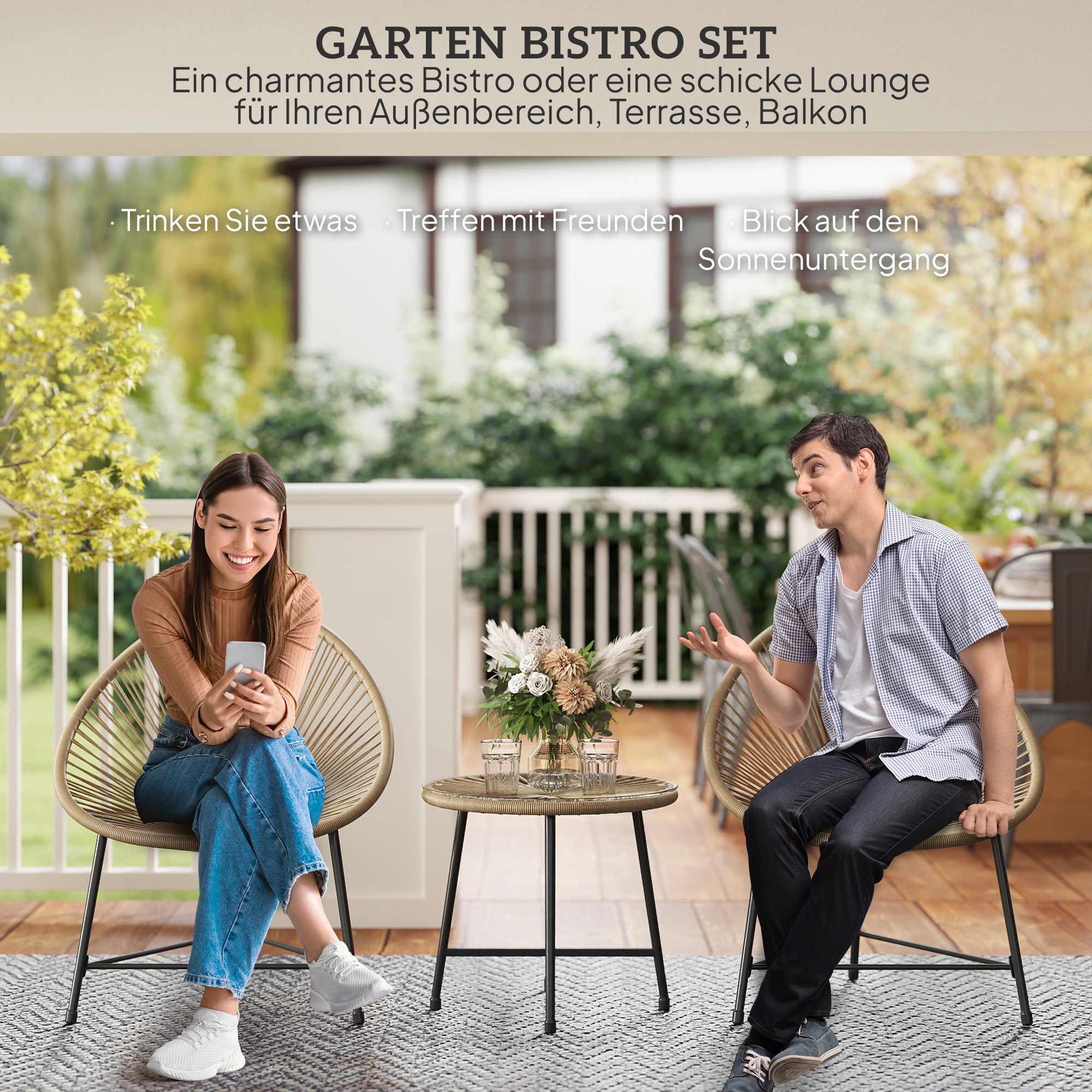 3-teiliges Gartenmöbel-Set, 2 Kunststoffrattan-Stühle, 1 Tisch mit Glasplatte, Stahlrahmen, Outdoor-Sitzmöbel, Hellbraun