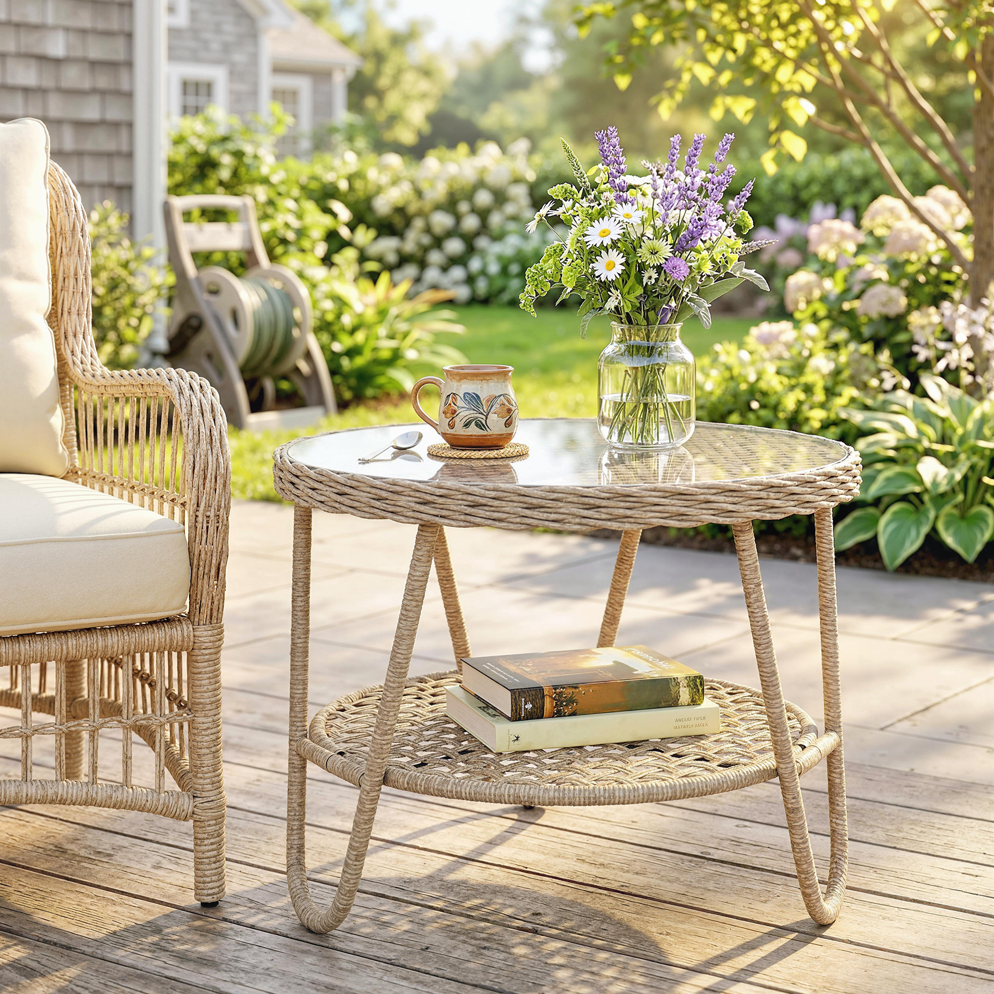 Beistelltisch aus Polyrattan 2-stöckiger Kaffeetisch mit Ablage Glasplatte verstellbaren Füßen 65 x 65 x 50 cm Gelb