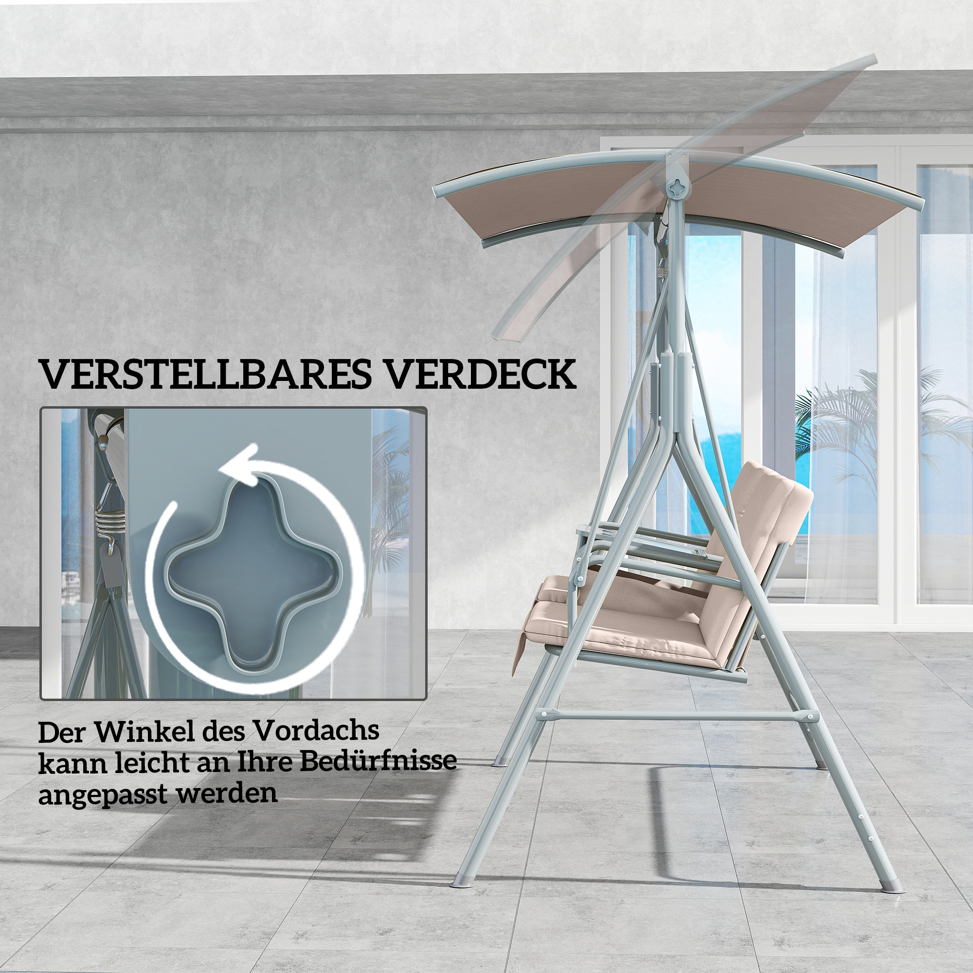 Hollywoodschaukel, Gartenschaukel, 2-Sitzer-Schaukel mit Sonnendach, 175 x 112 x 158 cm, Beige