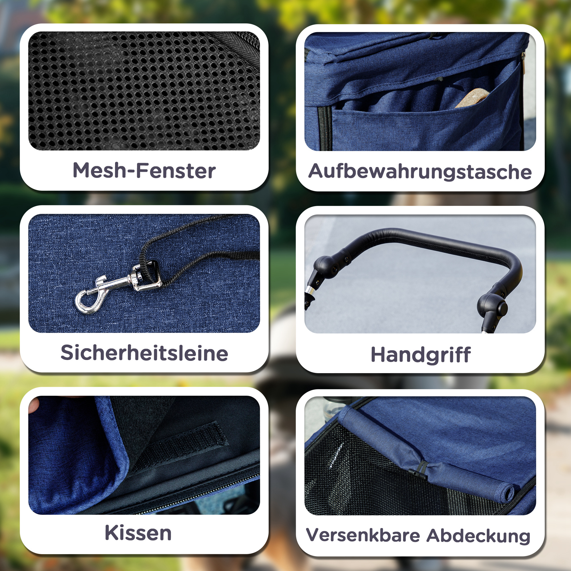Hundewagen, Leichter und faltbarer Transportwagen für kleine Hunde, waschbares Kissen, Netzfenster, Dunkelblau