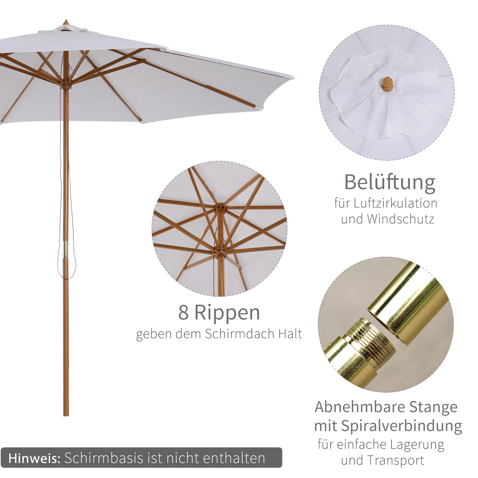 Sonnenschirm Ø 300 cm, Sonnenschirm mit UV Schutz Balkonschirm aus Holz Strandschirm stabil Marktschirm Sonnenschutz für Strand Terrasse Garten, Weiß