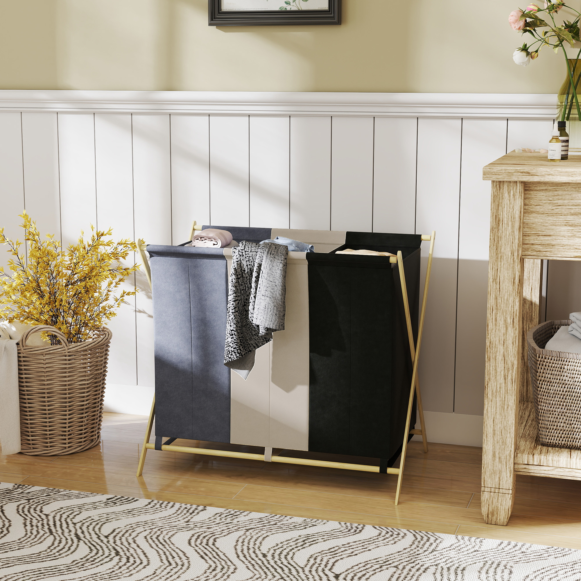 Wäschekorb mit 3 Fächern 129L Klappbar Wäschesammler für Waschküche Schlafzimmer Mehrfarbig