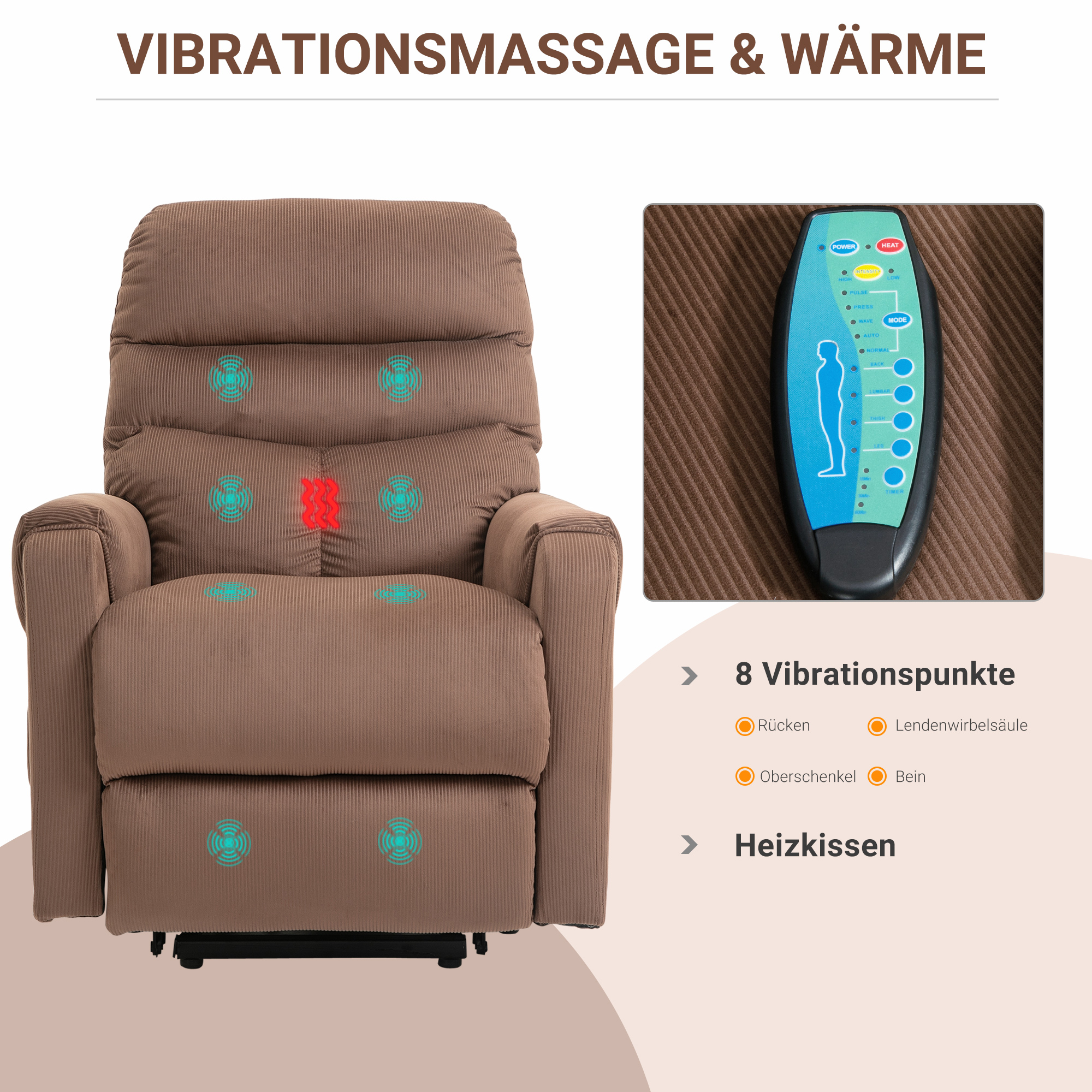 Fernsehsessel mit Aufstehhilfe Elektrisch, Massagesessel mit Liegefunktion und Wärmefunktion, Relaxsessel mit Fernbedienung und Seitentasche Verstellbar Polyester-Gewebe Braun