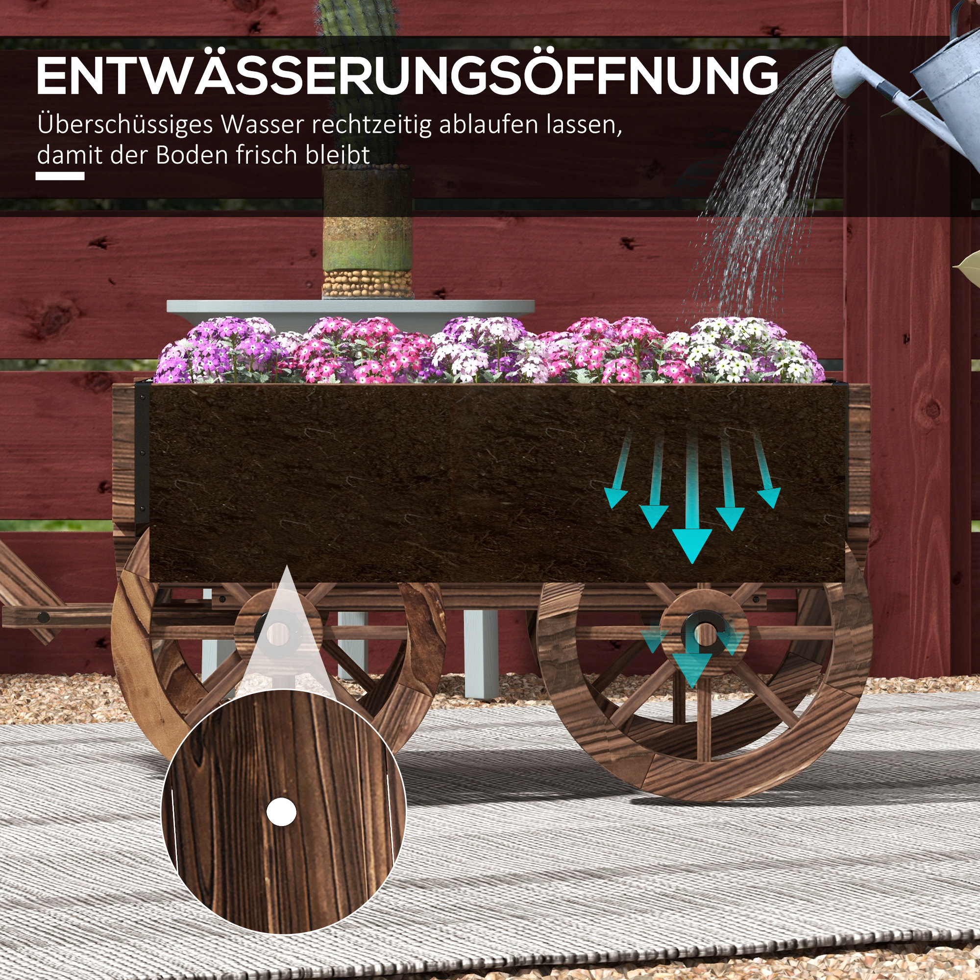 Pflanzen-Schubkarre Hochbeet aus Holz, wetterbeständig, 120 x 41 x 50 cm, Braun