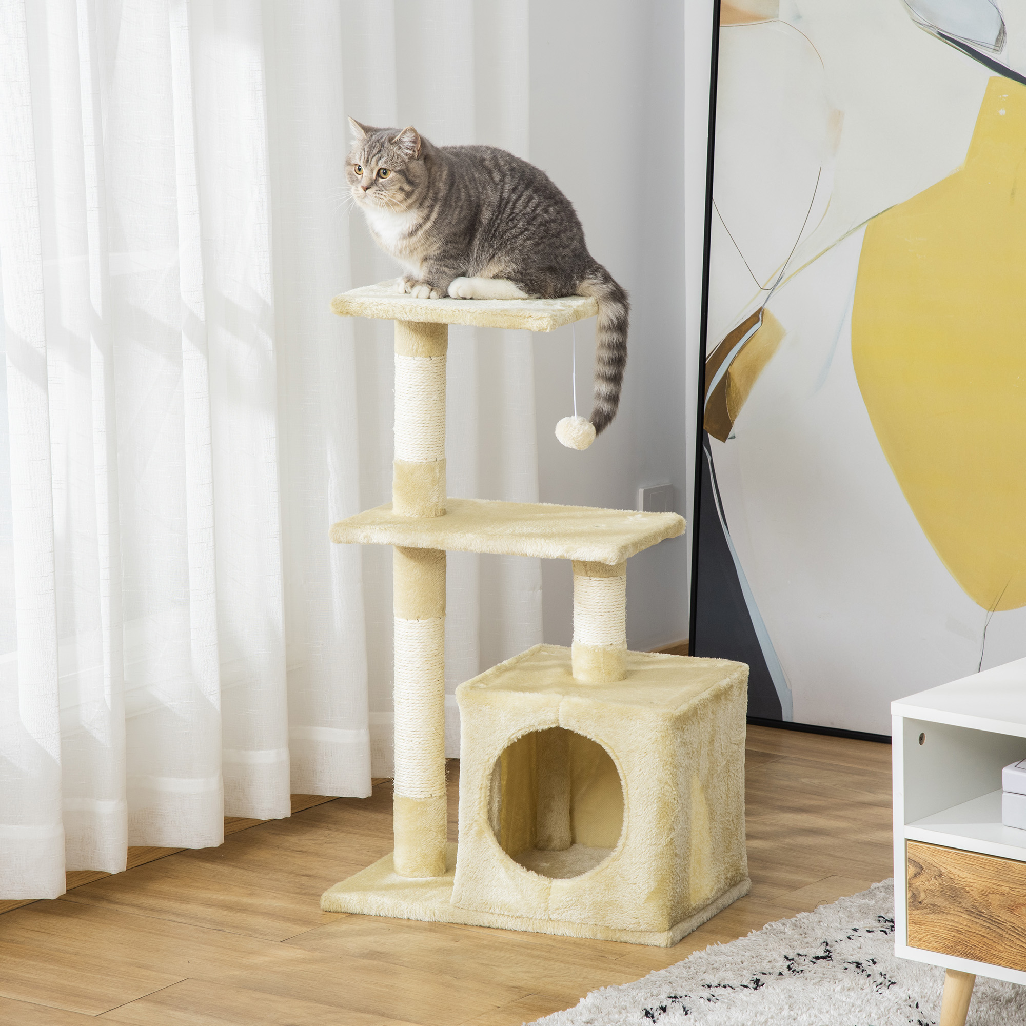 Kratzbaum 81,5 cm Katzenbaum mit Katzenhöhle, Plattformen, Katzenkratzbaum mit Sisal-Kratzsäulen, Spielball, für Katzen bis 4,5 kg, Beige