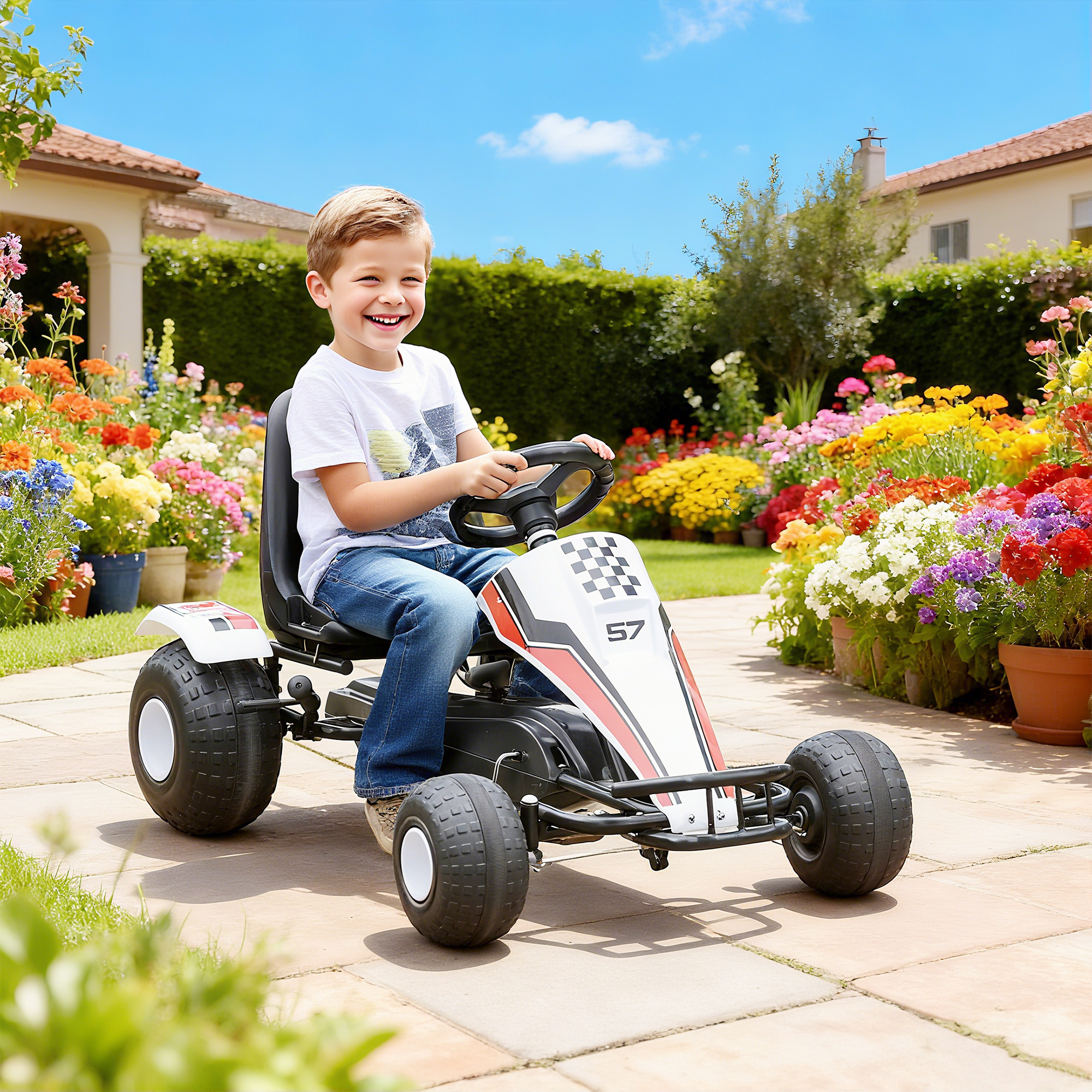 Go Kart Kinderfahrzeug Tretauto mit Pedal Bremsen Kinderspielzeug für 3-6 Jahre Stahl Weiß 104 x 66 x 57 cm