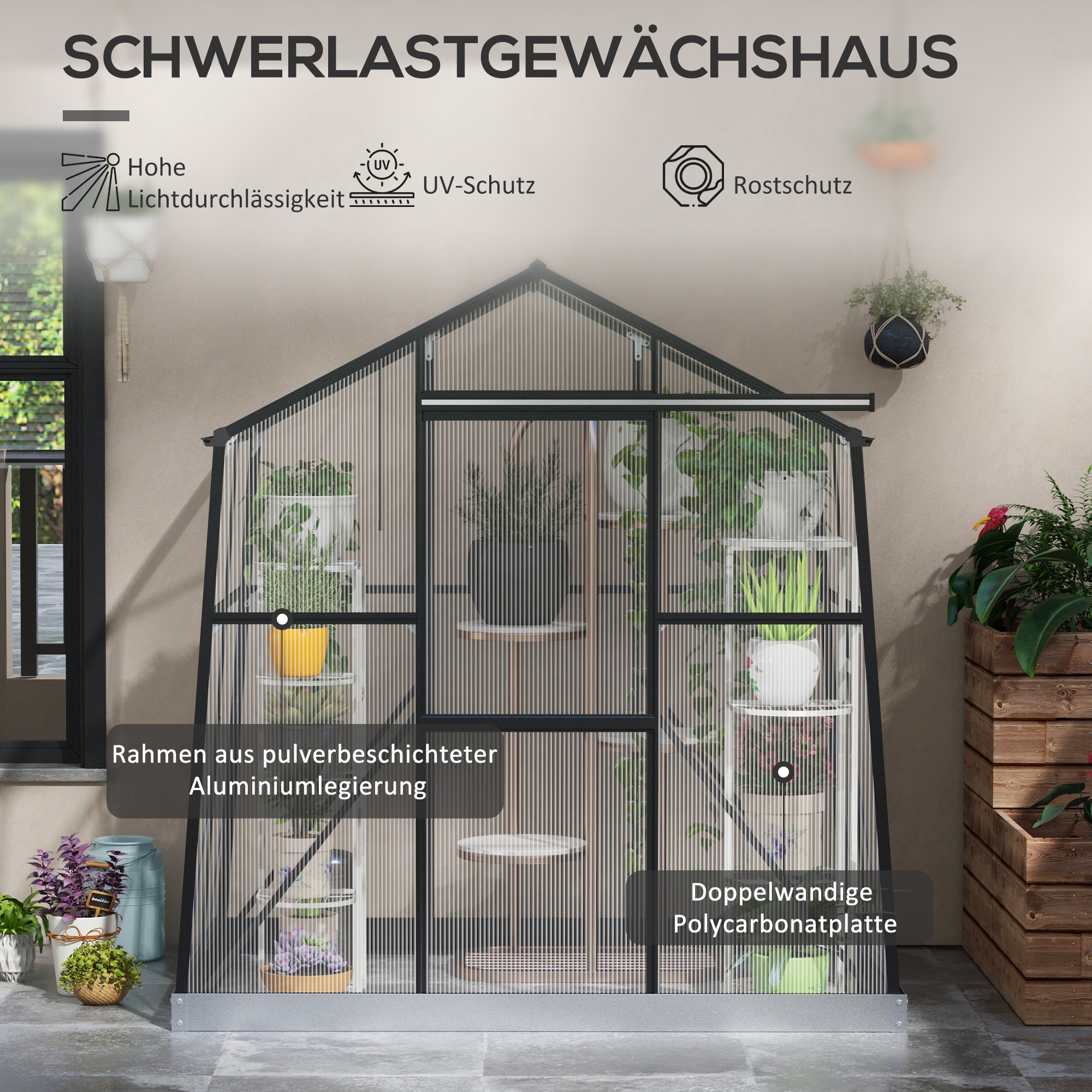 Gewächshaus Treibhaus Frühbeet, wetterbeständig, 192 x 131 x 203 cm, Schwarz