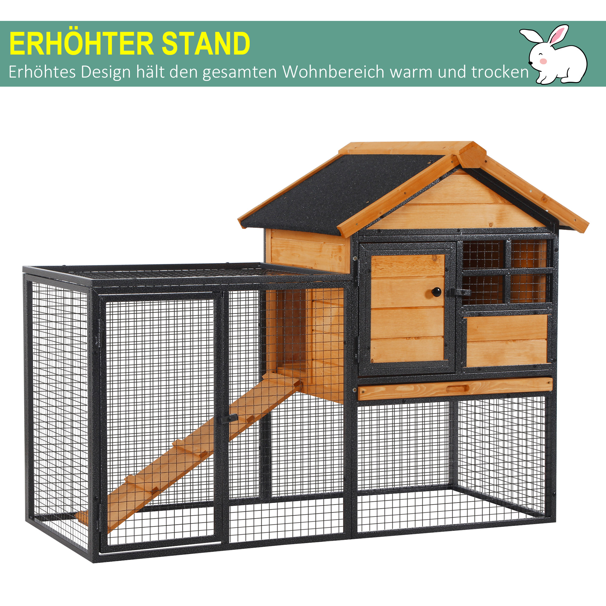 Kleintierstall mit Freigehege u. Rampe 122 cm x 63 cm x 92 cm Tannenholz Metall Hellgelb+Dunkelgrau