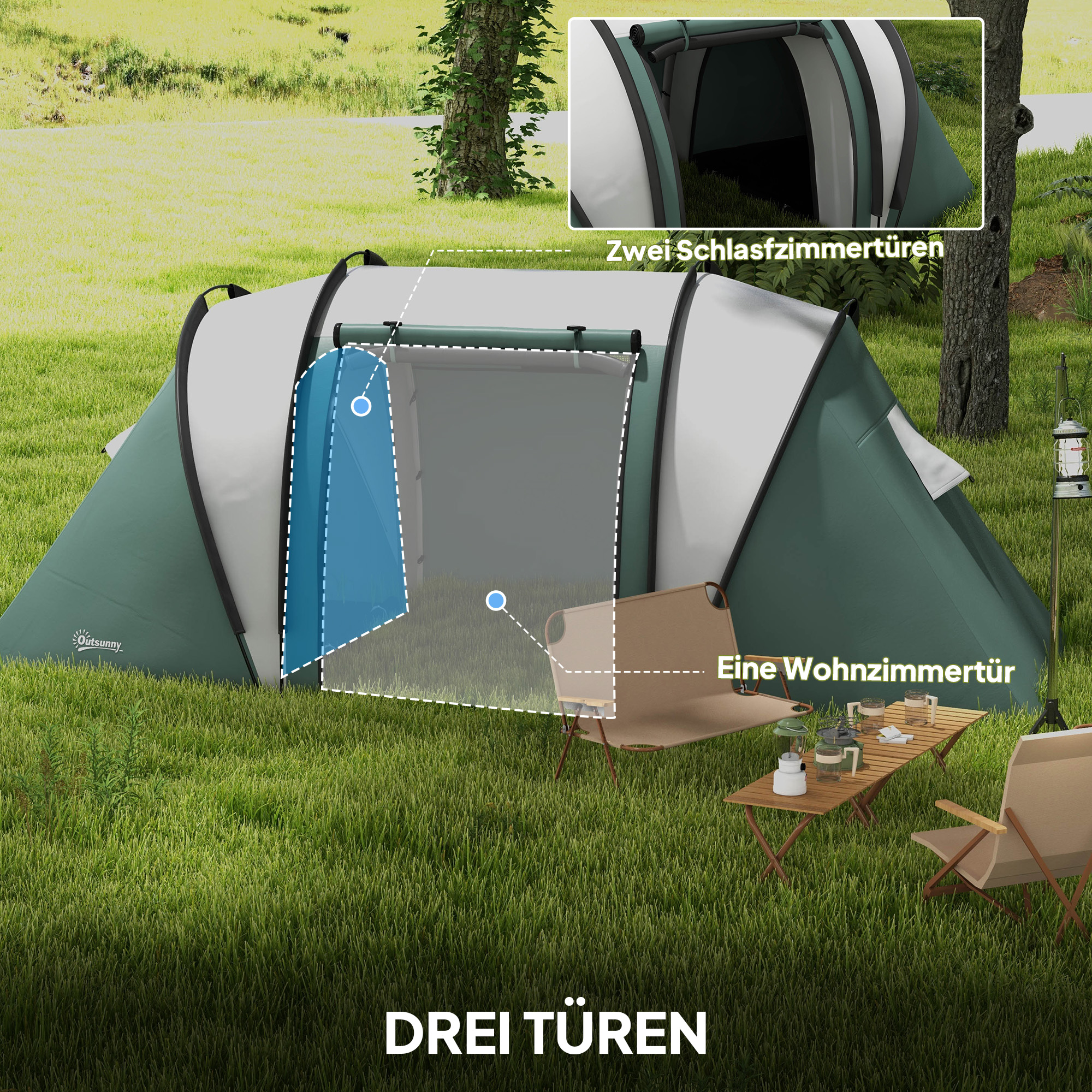 Campingzelt für 4-5 Personen leicht wasserabweisend Familienzelt mit 3 Zimmer Seitentür Fenster Dunkelgrün