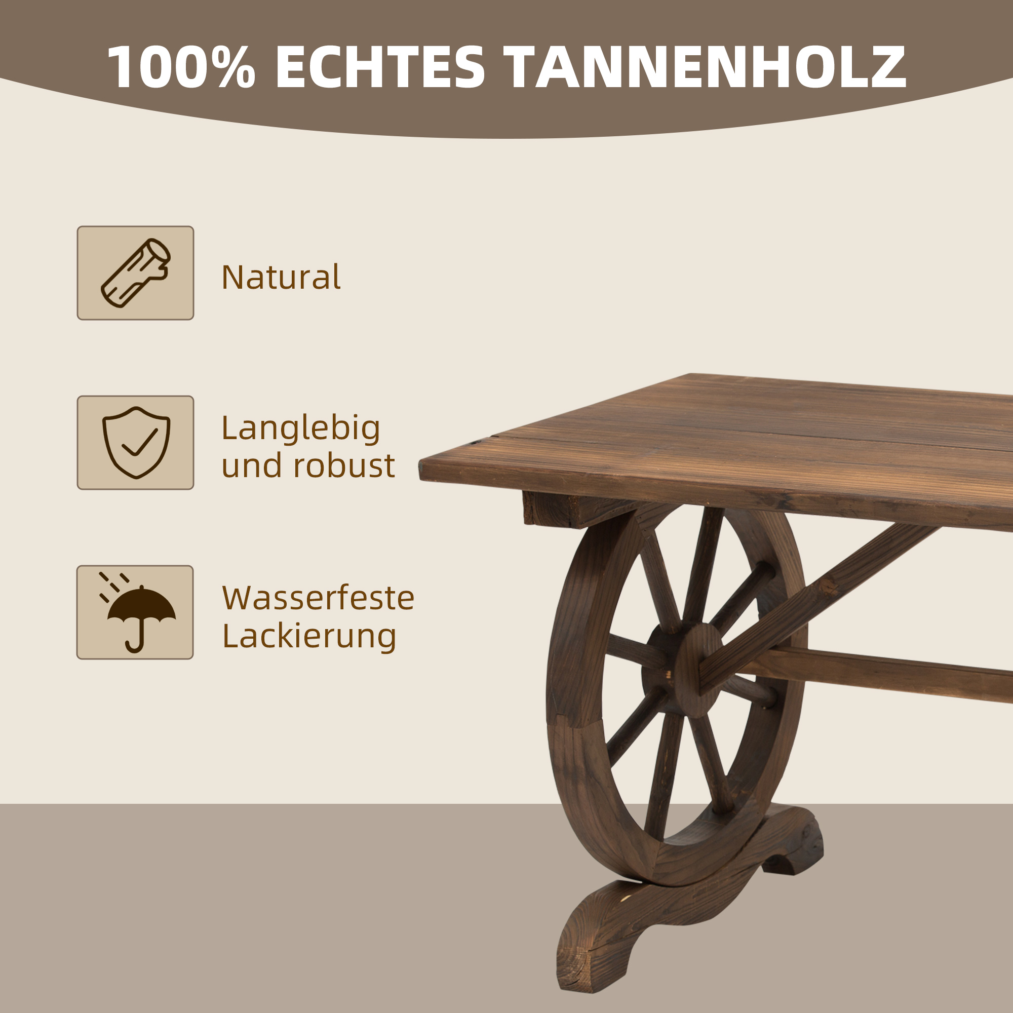 Gartentisch, Balkontisch, Holztisch, Räderform, Witterungsbeständig, Massivholz, Natur, 110 x B60 x H65 cm