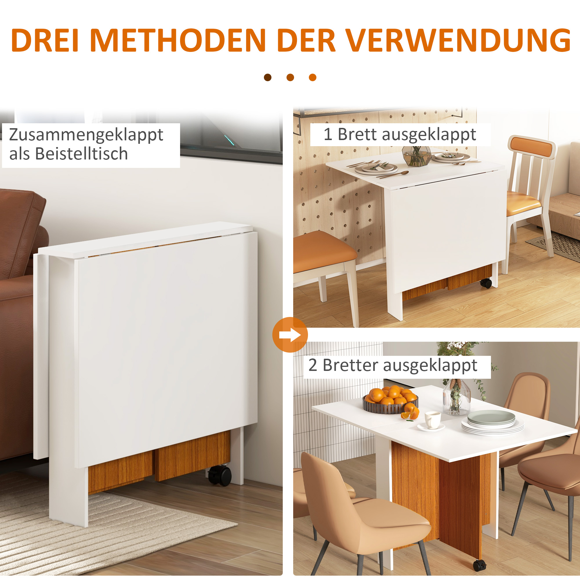 Ausklappbarer Esstisch Ausziehbarer Esstisch, mobil, modernes Design, 120 cm x 80 cm x 73 cm, Teak + Weiß