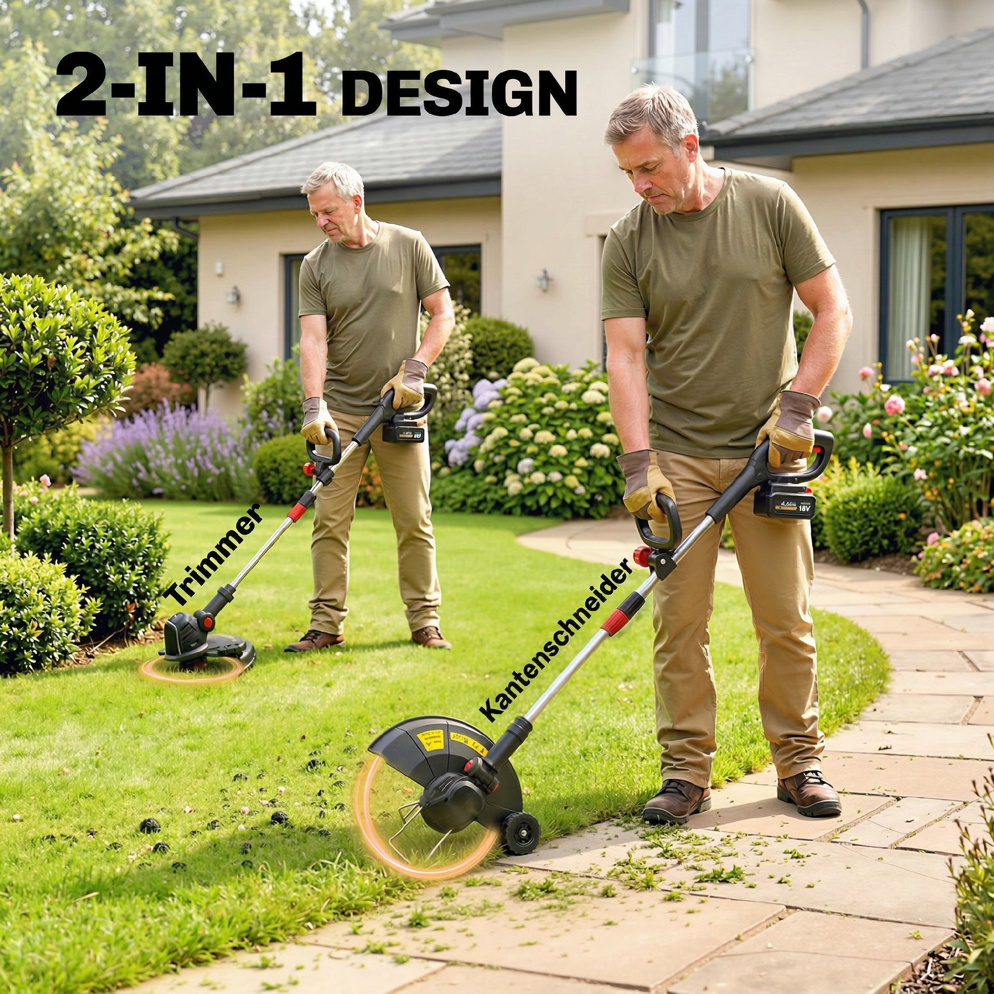 Akku Rasentrimmer 2-in-1 Freischneider mit 30 cm Schnittbreite Verstellbar Griff neigbar Motorkopf für Garten Hof Silber