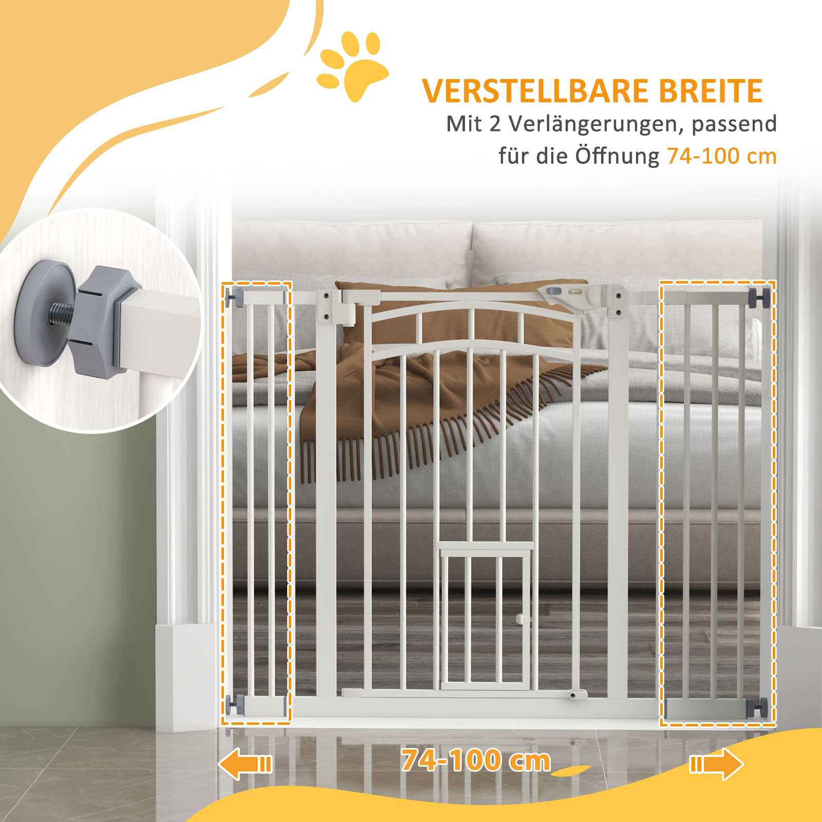Treppenschutzgitter Hundeschutzgitter, automatisches Schließen, Einhandbedienung,100 cm x 4 cm x 76 cm, Weiß