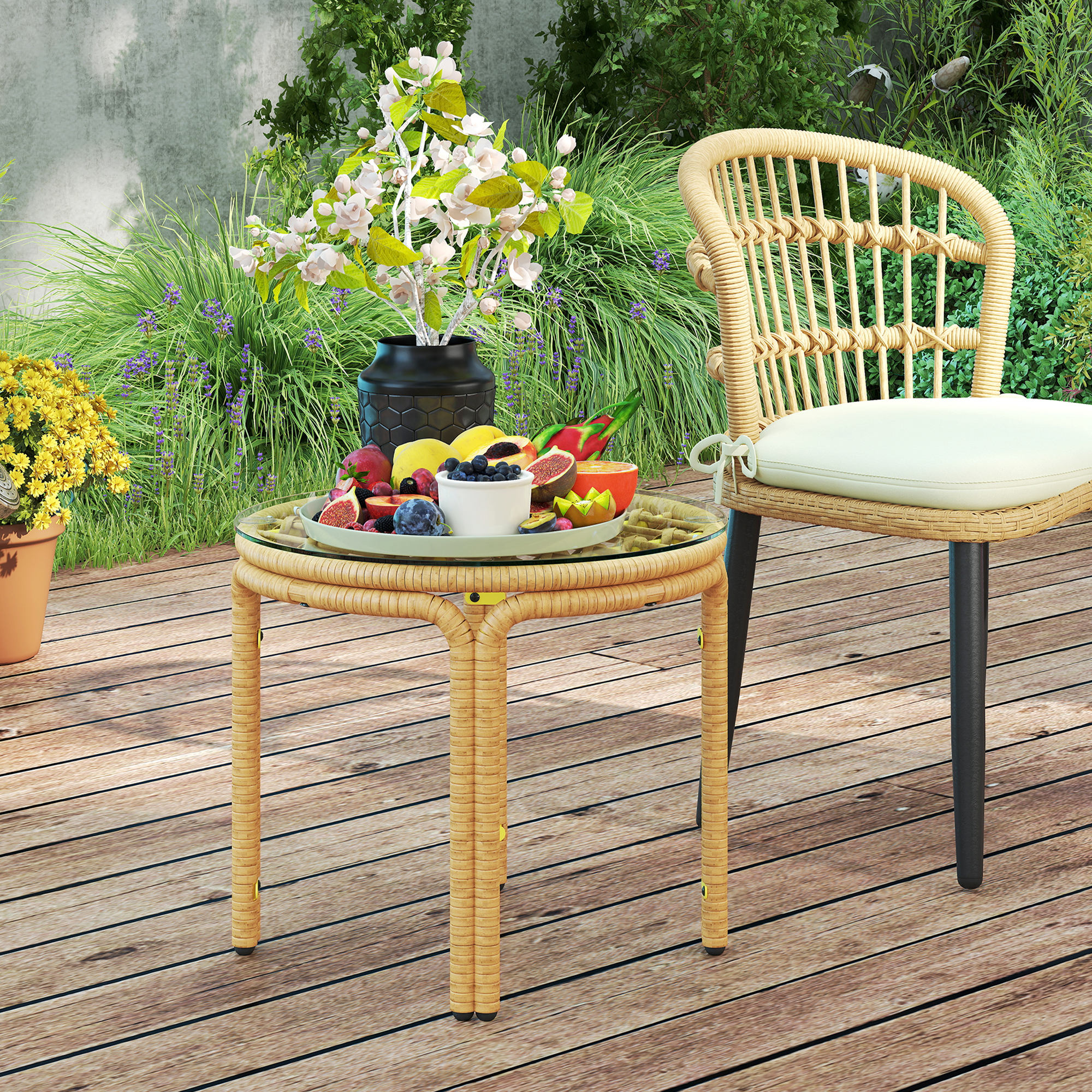 Beistelltisch aus Polyrattan runder Couchtisch mit Glas Tischplatte Nachttisch Ø50 cm Gelb