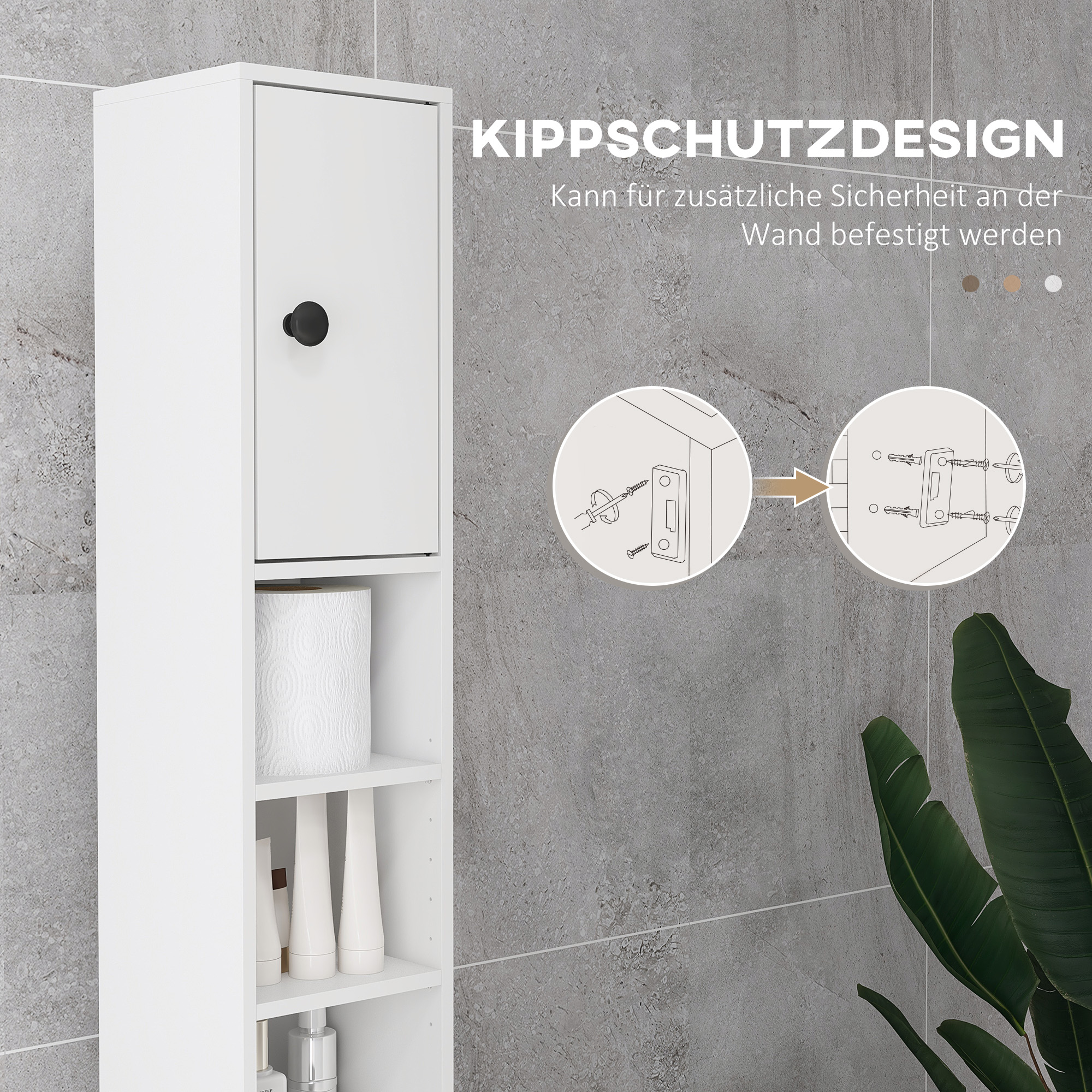 Badezimmerschrank, 4 Regale, Schublade, Spanplatte, schlankes Design, Weiß
