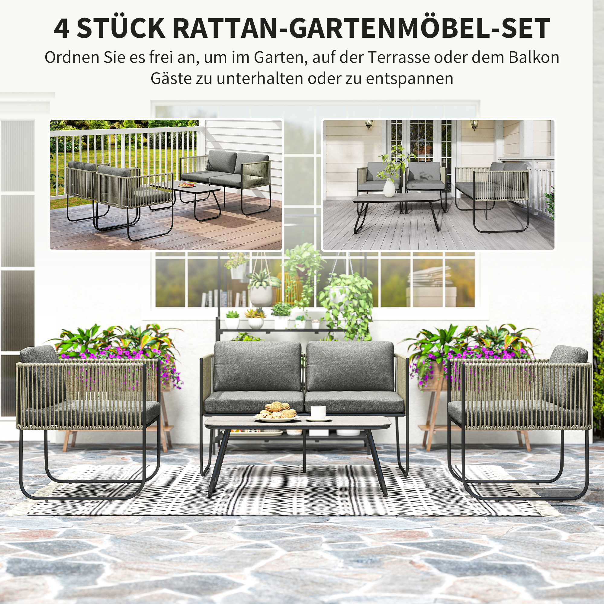 Gartenmöbel Set aus Polyrattan Lounge-Set mit Sofa Sessel Tisch Kissen wetterfest 116 x 60 x 69 cm Braun+Dunkelgrau
