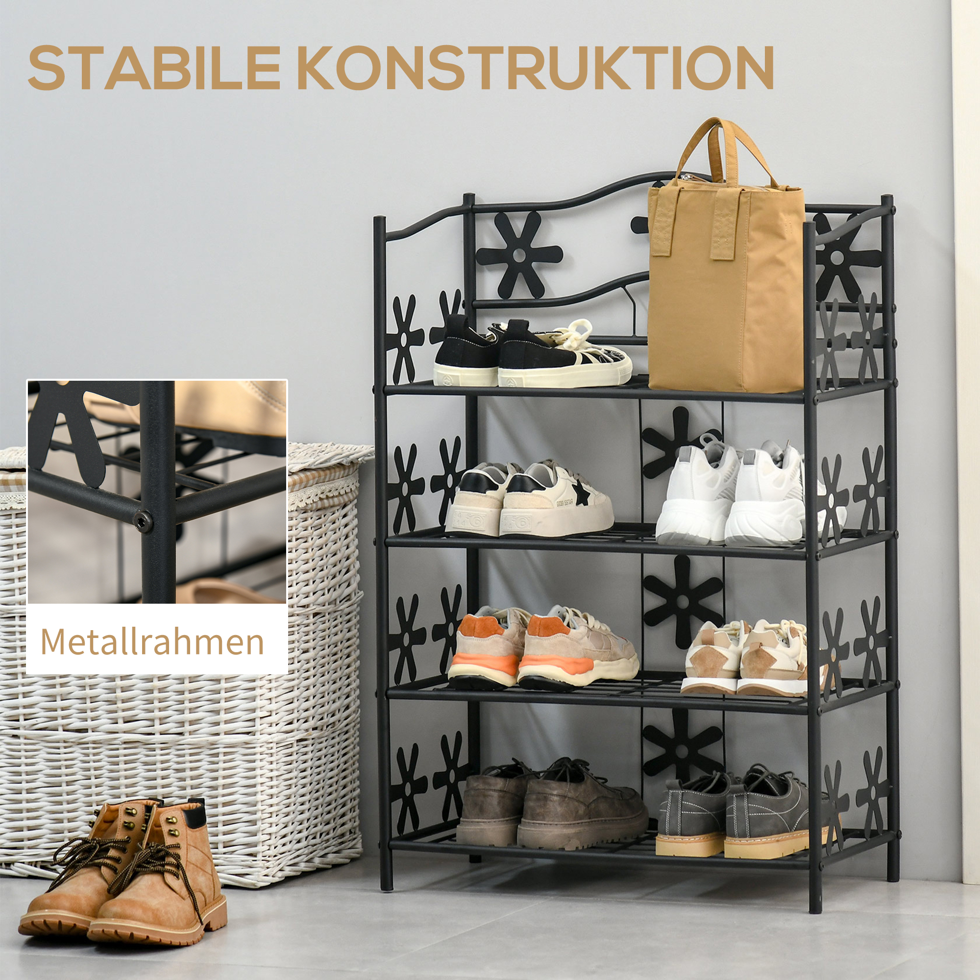 kleines Schuhregal Platzsparend Blumenregal Pflanzentreppe Standregal Ständer 4 Etagen Metall Schwarz 59,5 x 30 x 92 cm