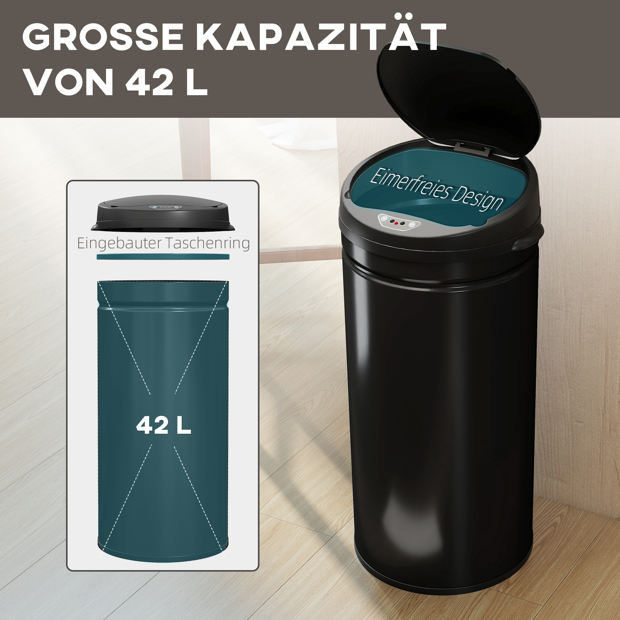 42 Liter Sensor-Mülleimer mit Soft-Close-Funktion, berührungsfreier Abfalleimer aus Edelstahl für hygienische Küchen
