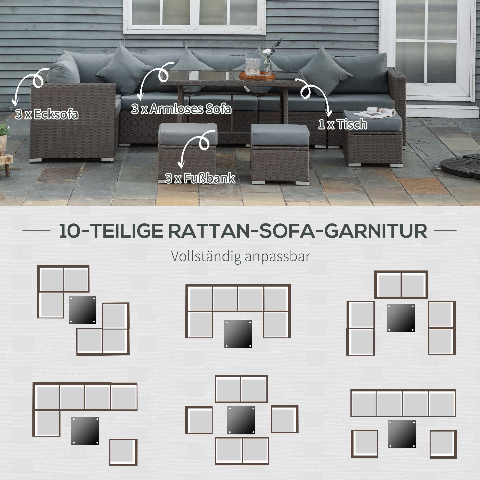 10-tlg, Gartengarnitur in Rattanoptik, mit Sitz- und Rückenkissen, rostfreier Metallrahmen, dunkelgrau