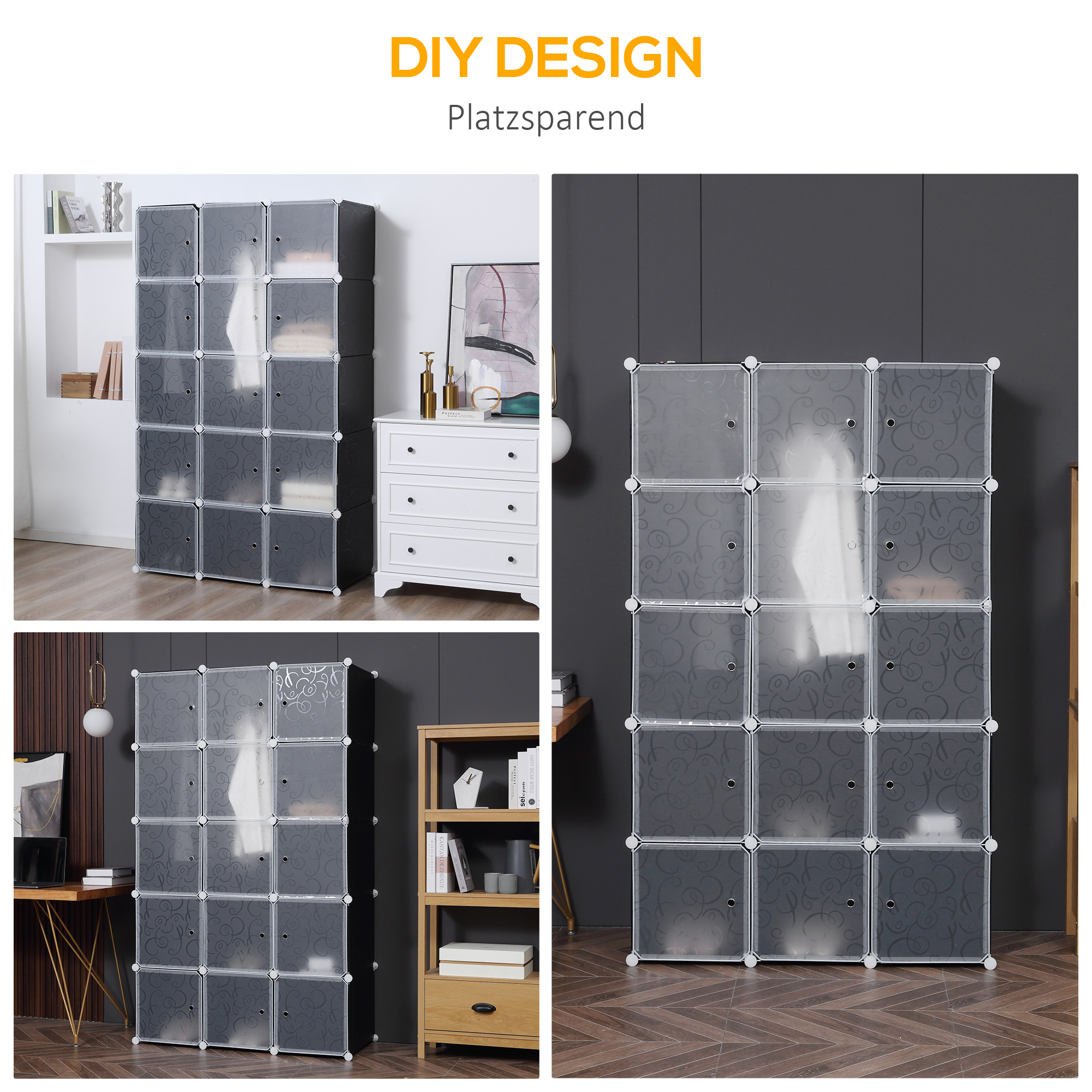 Kleiderschrank im Würfeldesign, 2 große und 9 kleine Würfel, Kunststoff, Metall, 111L x 47B x 183H cm, Schwarz+Weiß