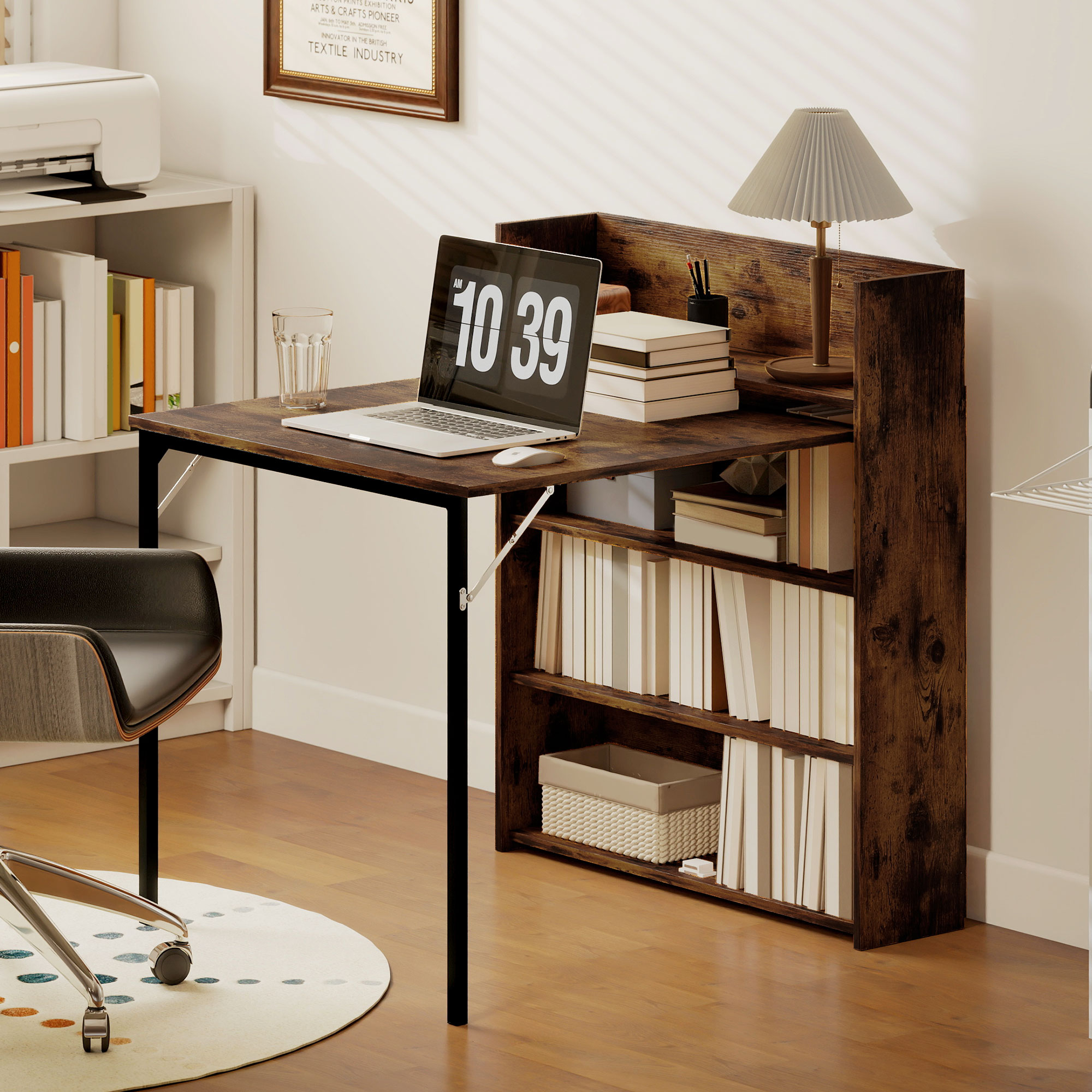 Esstisch, klappbar mit Regal, Industrie-Design, Platzsparend, Für Kleine Räume, 80x90x93cm, Rustikal-Braun
