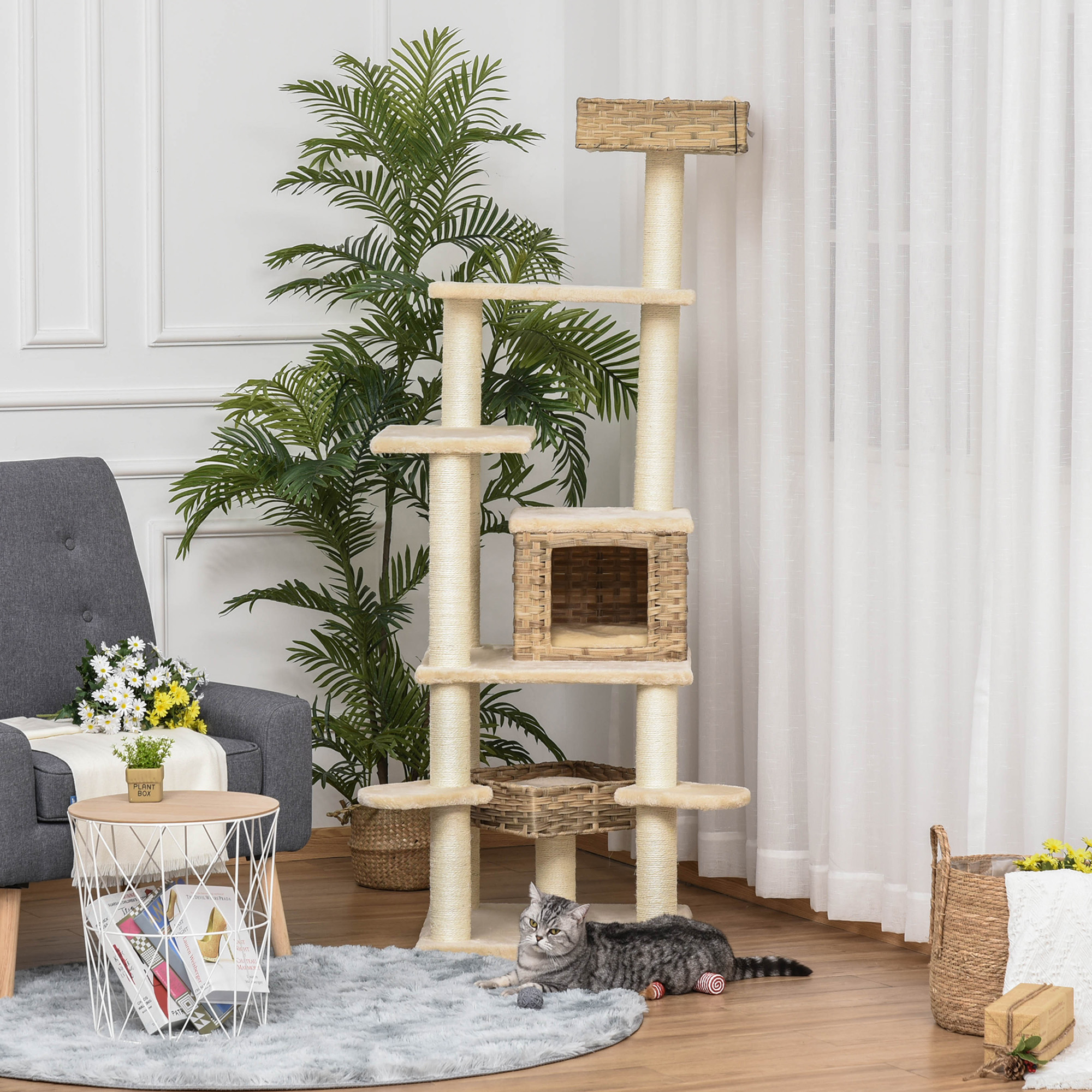 Rattan Kratzbaum mit Katzenhöhle Mehrstufiger Katzenbaum Kletterbaum für Katzen E1 MDF Sisal Beige+Braun 55 x 55 x 174 cm