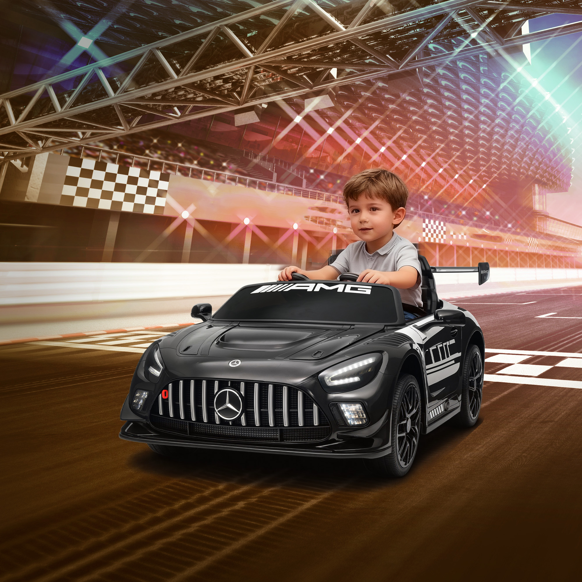 Mercedes-Elektroauto, Aufsitzauto für Kinder, 12V Batterie, LED-Lichter, Musikfunktion, Hupe, 3-8 Jahre, Schwarz