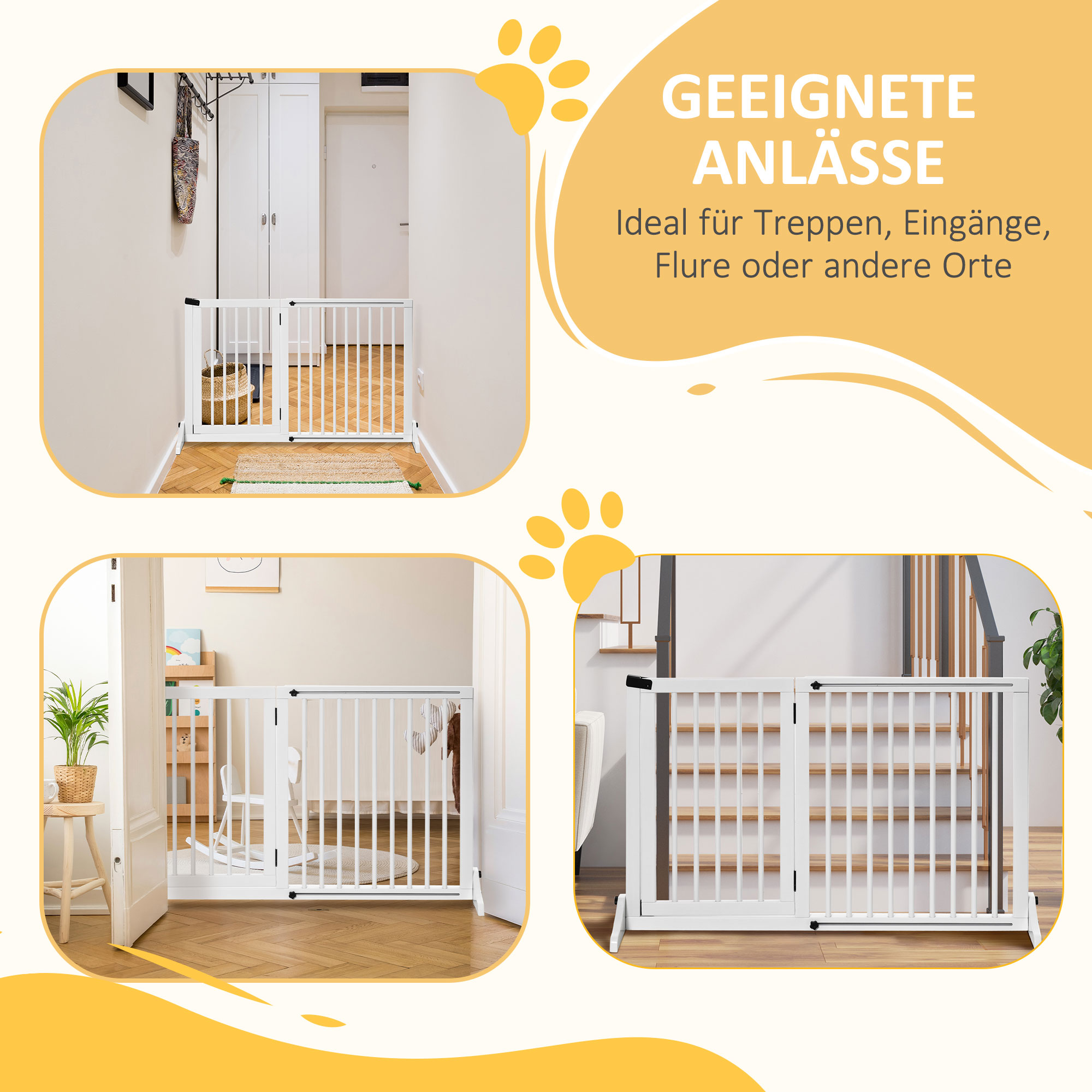 Absperrgitter Hunde Türschutzgitter Schutzgitter aus Holz Freistehendes Hundegitter mit Tür Hundeabsperrgitter Konfigurationsgitter für Kamin & Ofen Weiß 113-166 x 36 x 71 cm