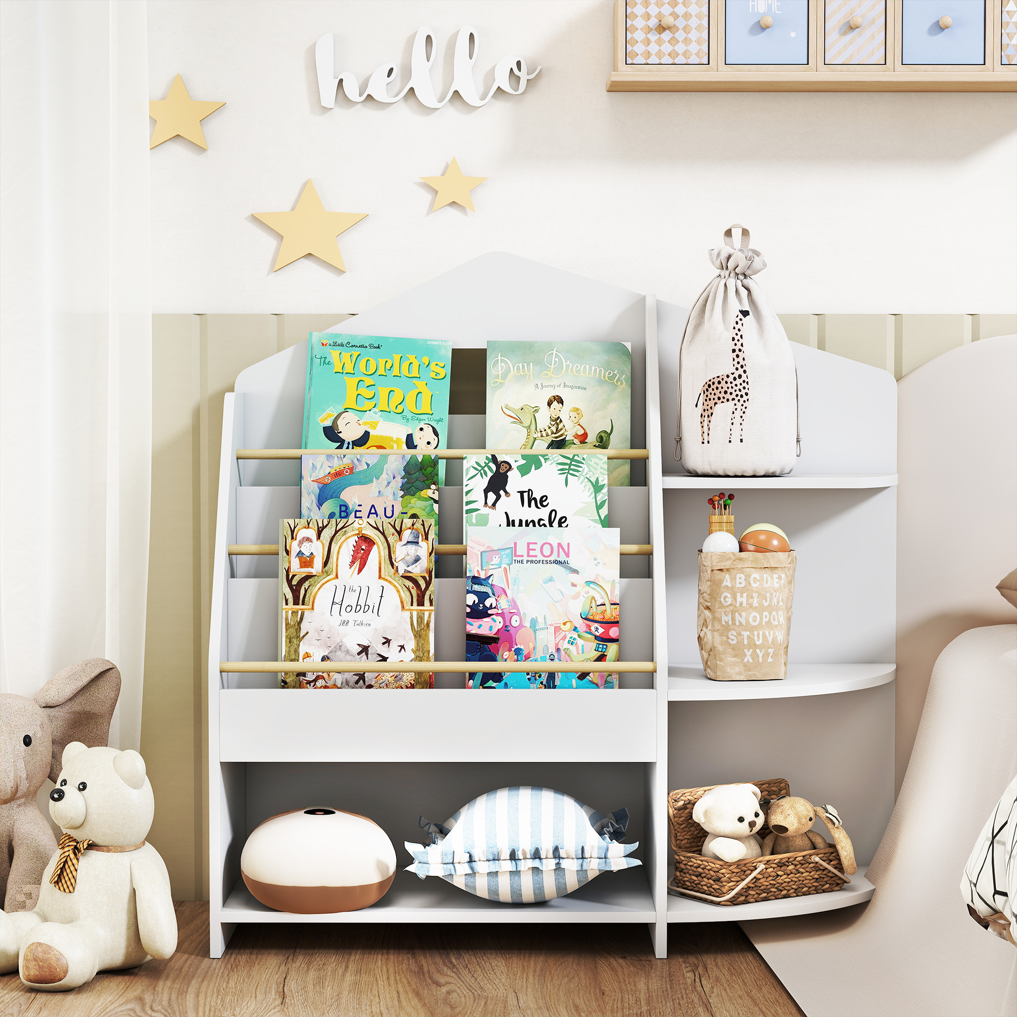 Kinderregal mit 7 Regalen für Bücher, Spielzeug, runde Kanten, trägt 40 kg, Weiß