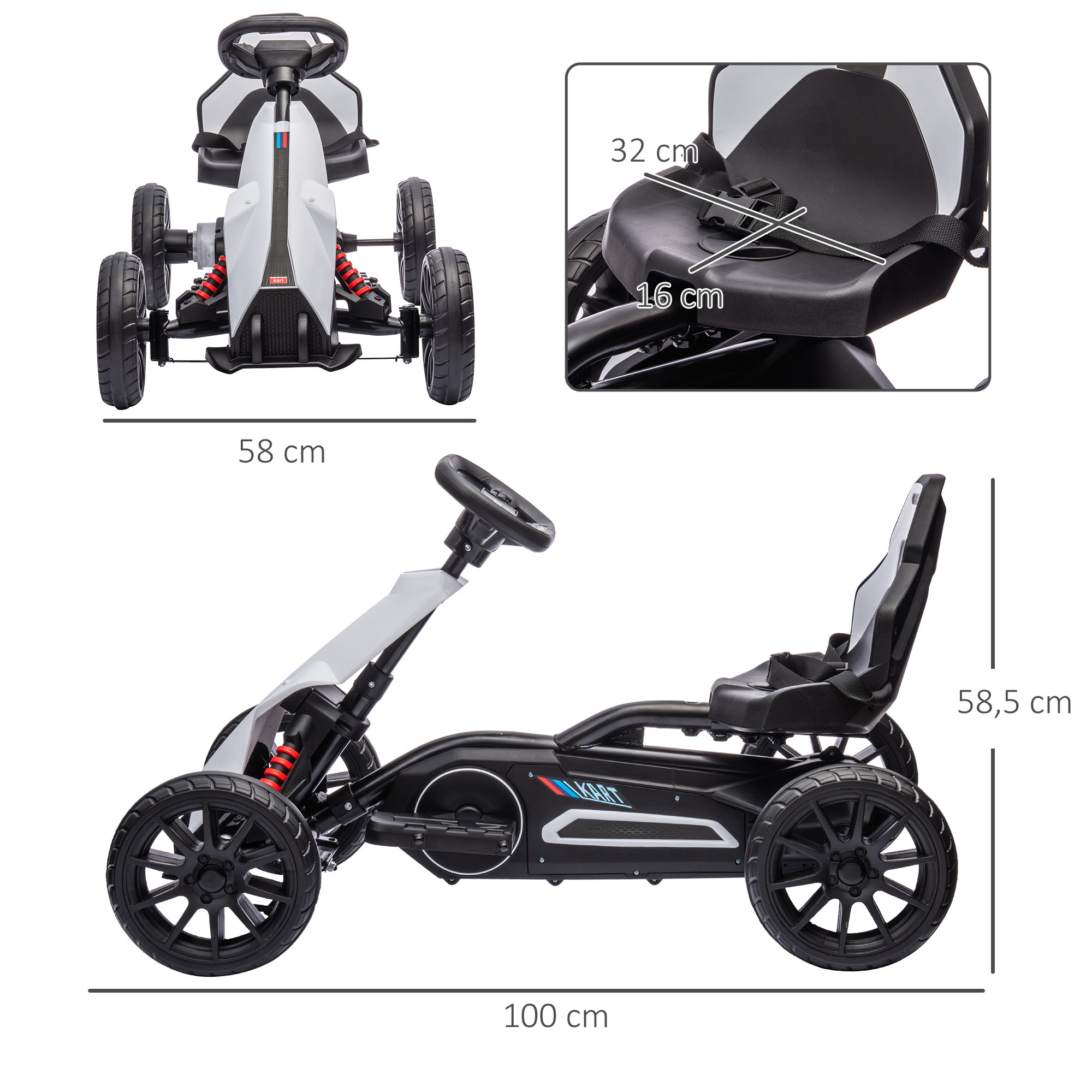 Go-Kart für Kinder, Elektro-Kart, bis 5 km/h, Sicherheitsgurt, Sitz mit Rückenlehne, Kunststoff, Metall, Weiß