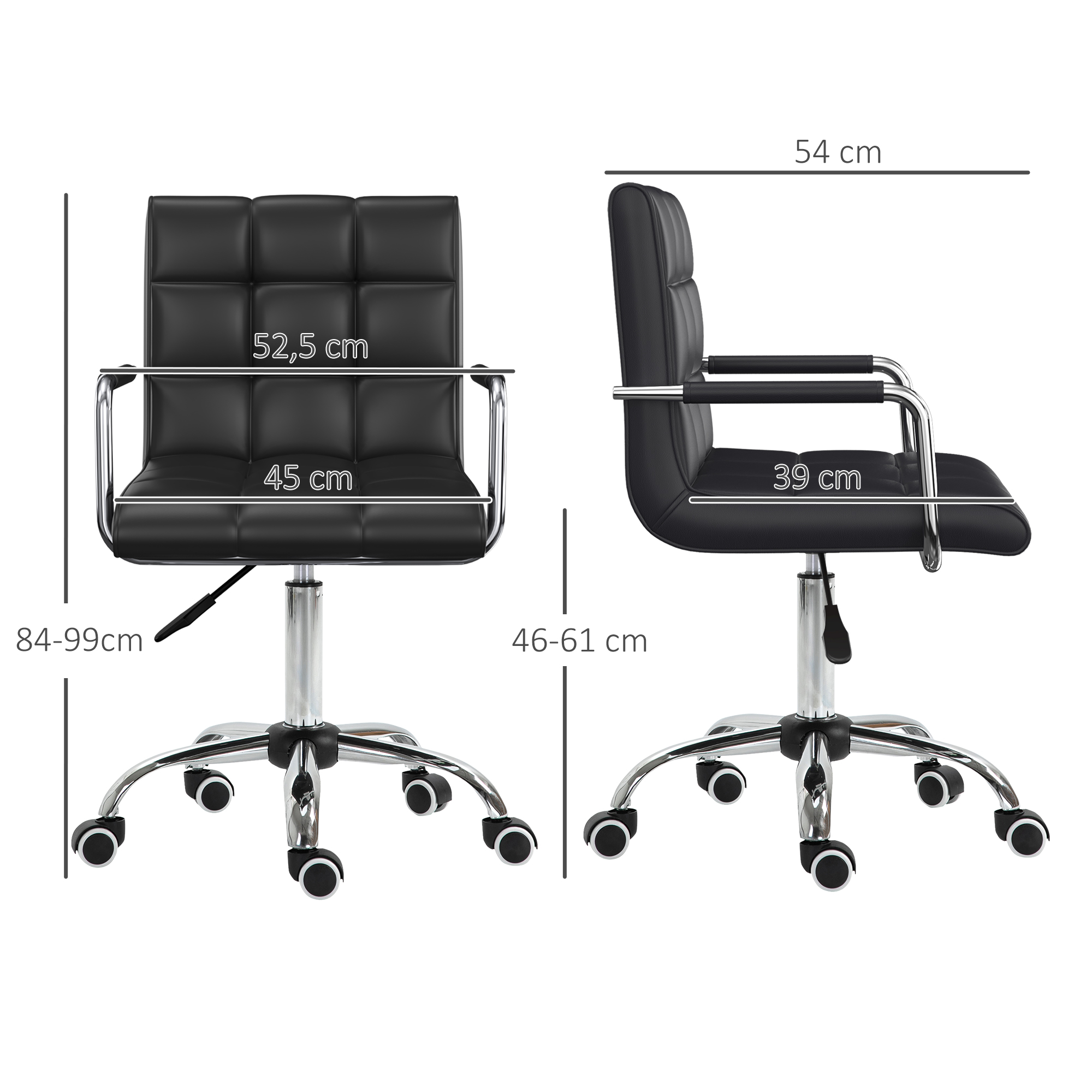 Bürostuhl im Retrodesign, höhenverstellbar, 5 Rollen, 52,5 cm x 54 cm x 99 cm, Schwarz