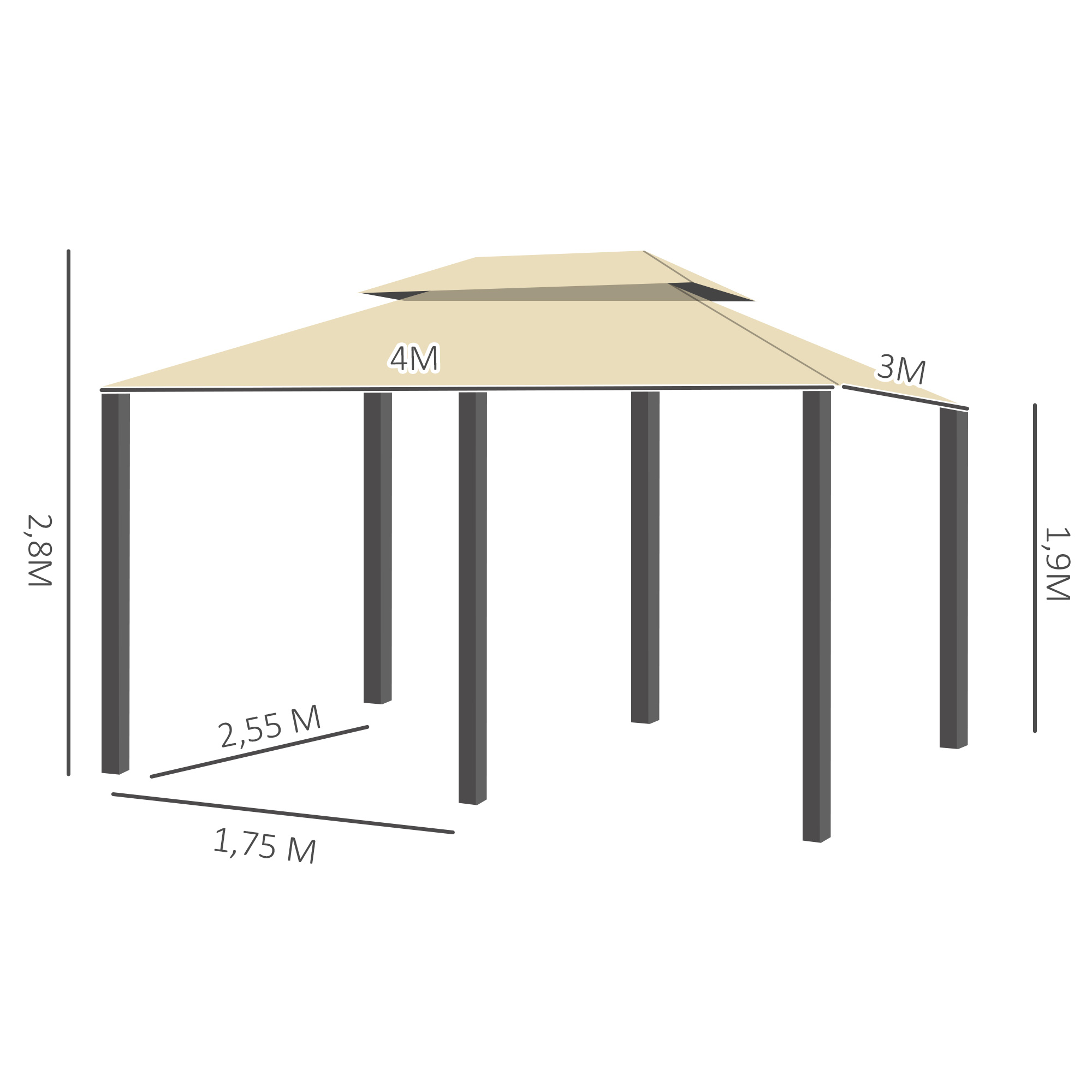 Pavillon 3x4m Gartenpavillon mit 6 Seitenteilen Partyzelt Gartenzelt Festzelt mit Doppeldach Beige+Schwarz