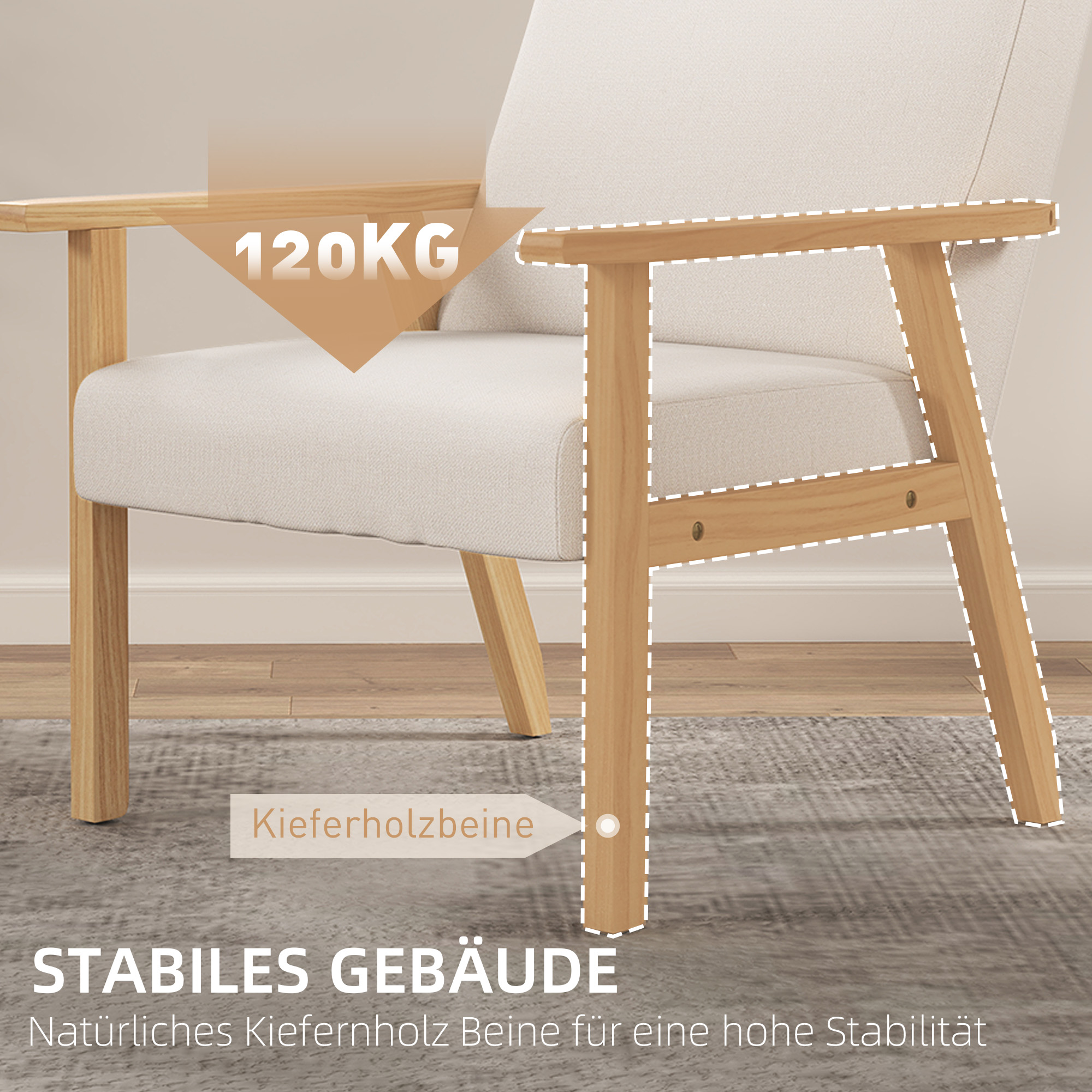 Polstersessel mit Armlehnen, Esszimmerstuhl in Leinenoptik, Massivholzrahmen, 64 x 70 x 72 cm, Creme