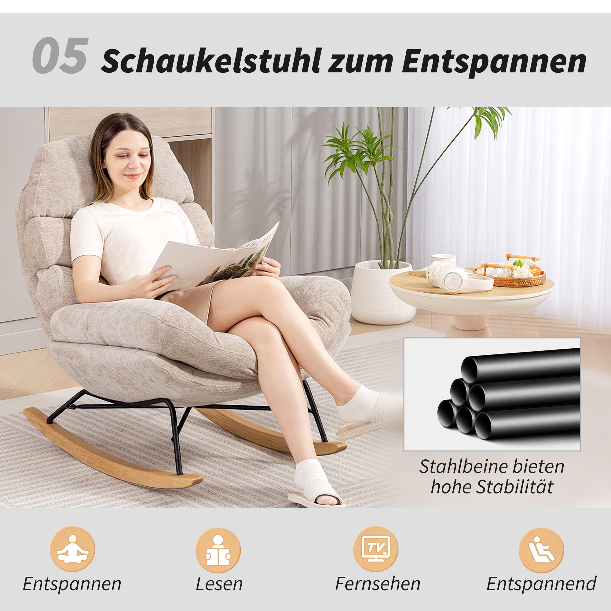 Gepolsterter Schaukelstuhl mit Stahlbeinen und Holzkufen, Cremeweiß
