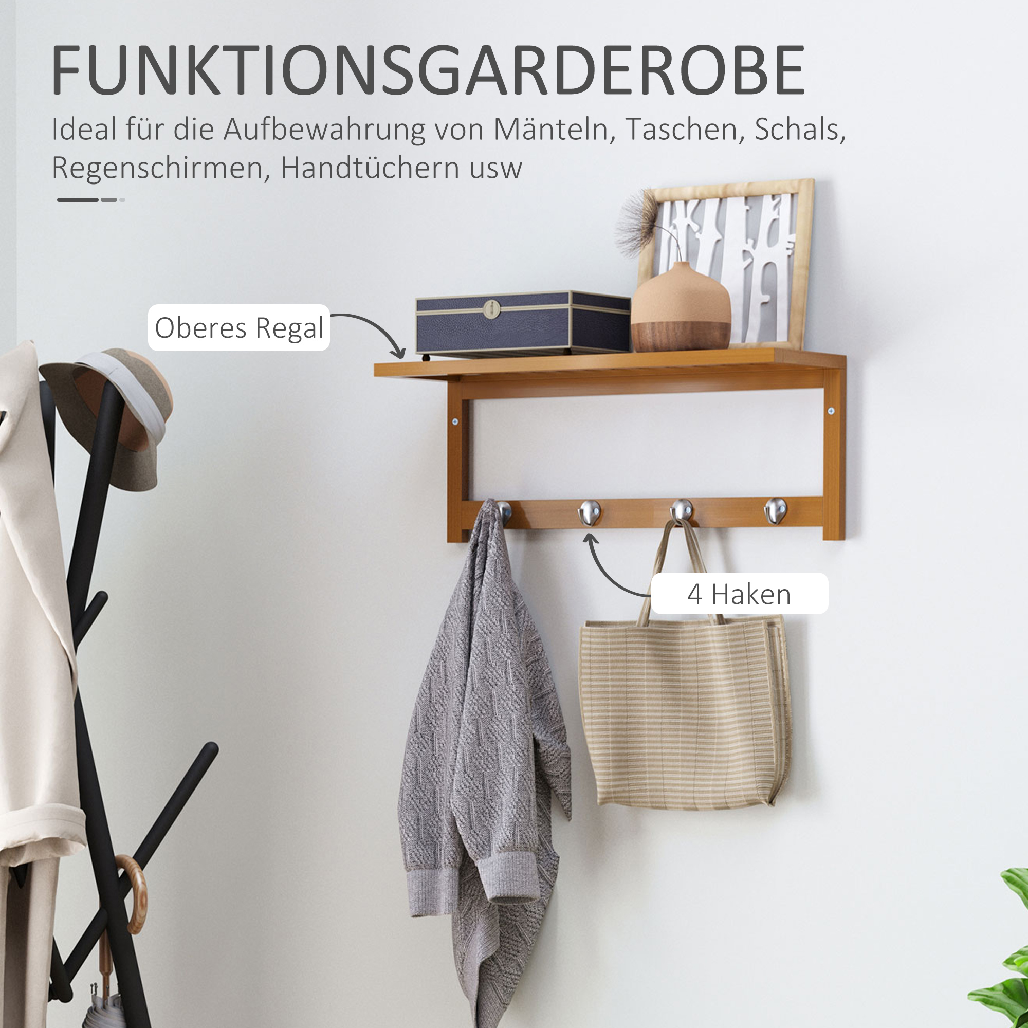 Wandgarderobe Garderobe mit Haken Wandmontage platzsparend 5 kg belastbar, 50 x 16 x 17,5 cm Naturholz