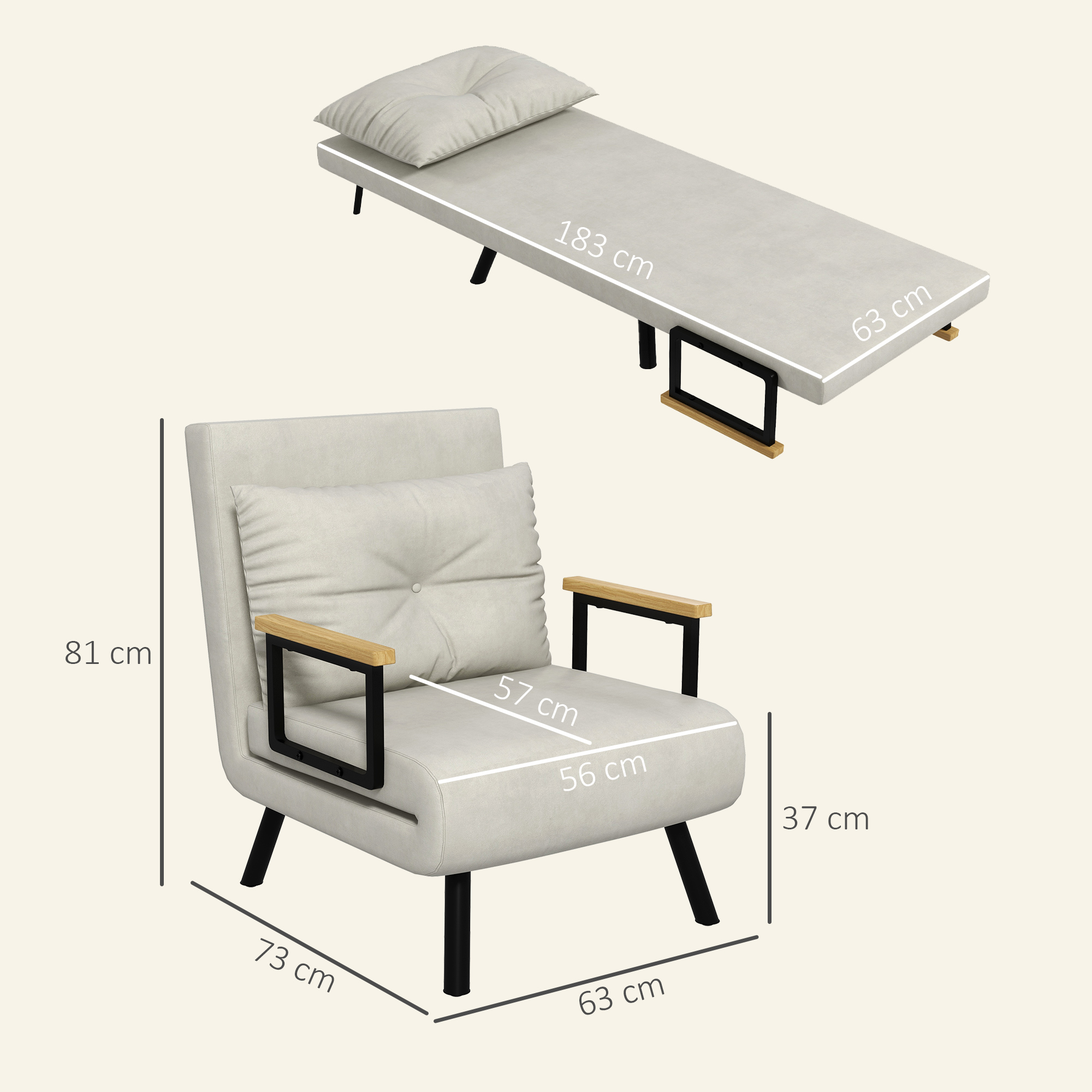 Relaxsessel im Skandidesign, Liegesessel, Lesesessel. ink. Kissen mit Knopfhefung, Cremeweiß