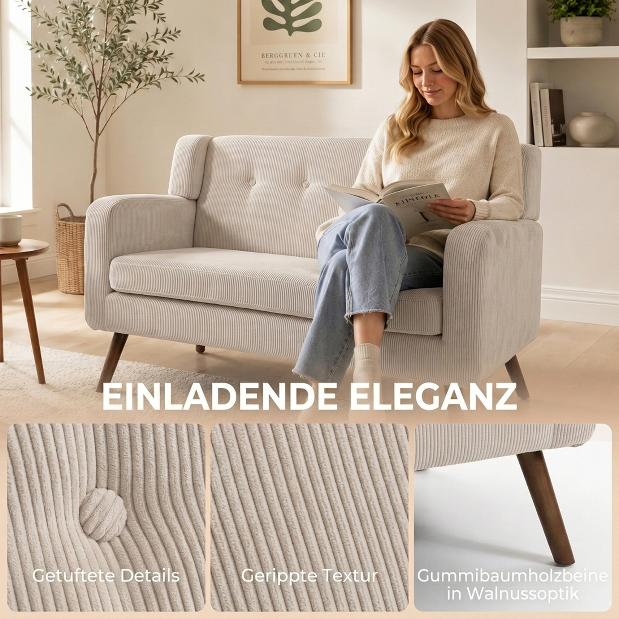 2 Sitzer 118 cm Couch mit Cord-Optik, Knopfheftung Bequeme Modernes Polstersofa mit Holzbeinen für kleine Räume