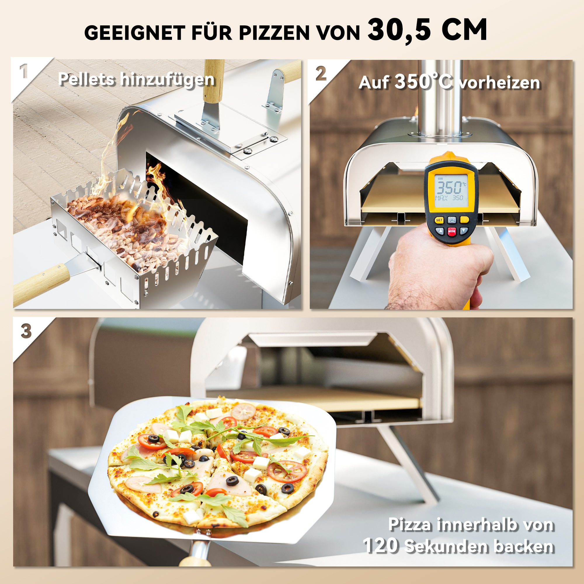 Outdoor-Pizzaofen, Tragbarer Pizza-Ofen mit Pizzastein und Schaufel, klappbare Beine, Schornstein, Edelstahl