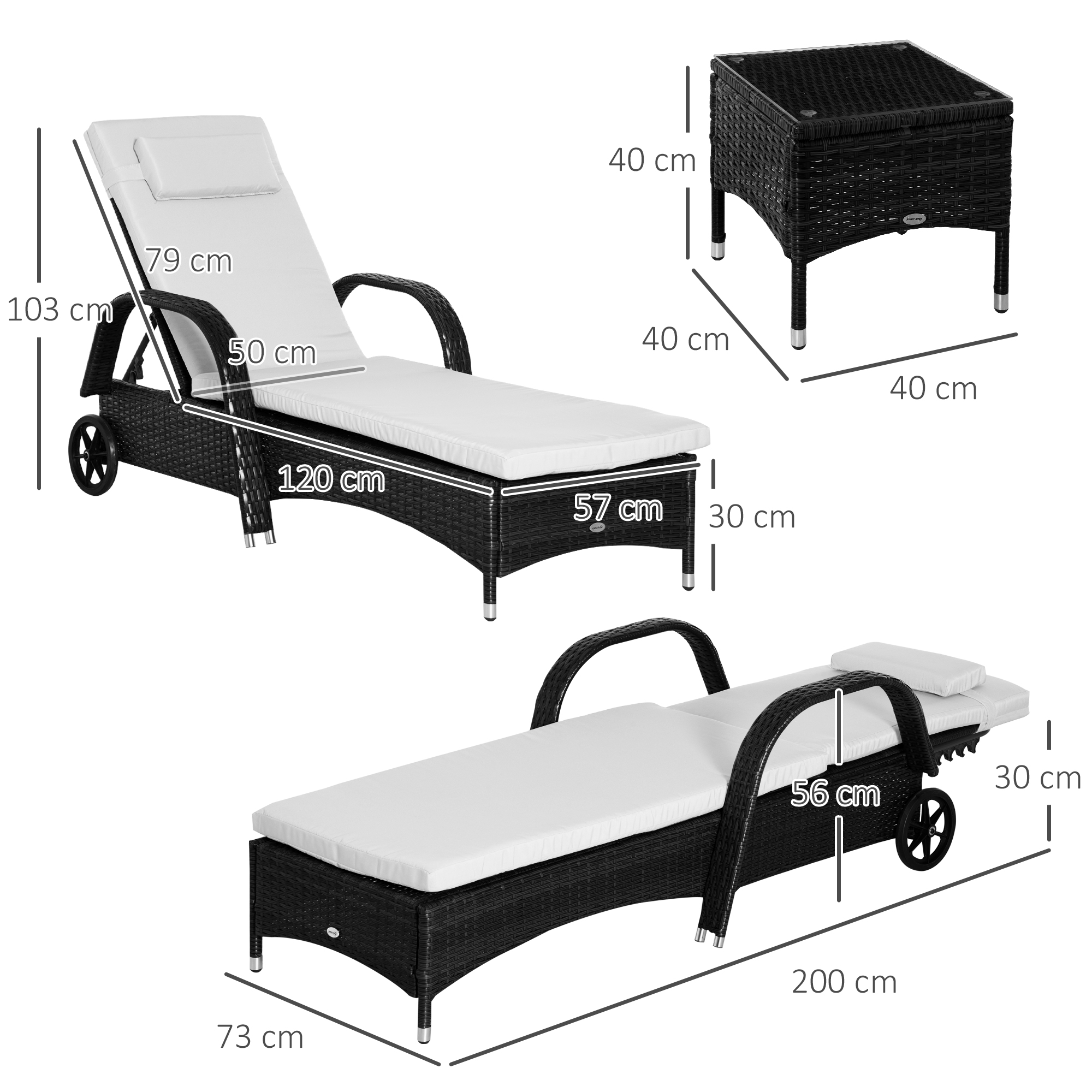 Sonnenliege Gartenliege Tisch 3er-Set Gartenmöbel, Polyrattan+Metall Schwarz+Cremeweiß