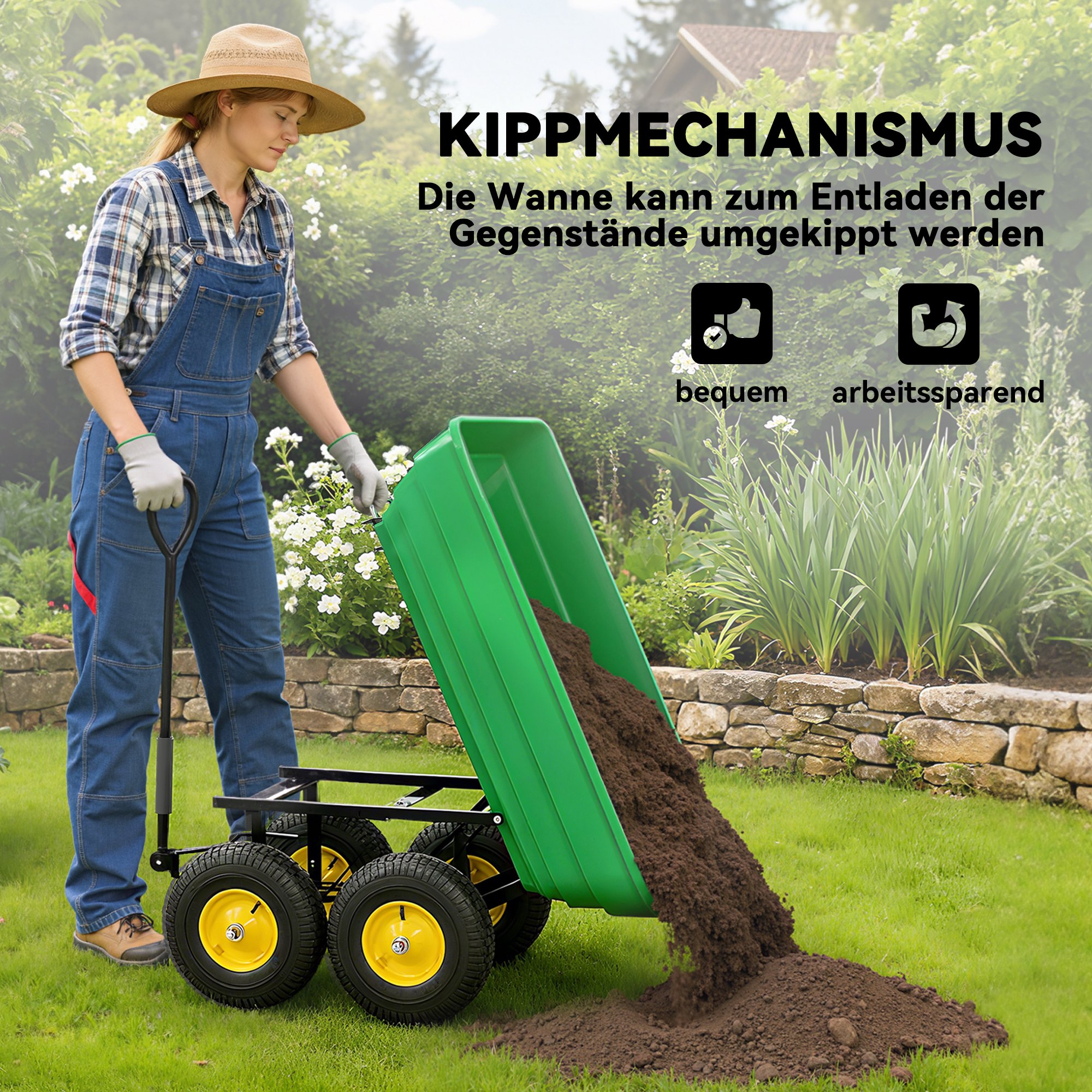 Gartenwagen mit Kippfunktion bis 200 kg Handwagen mit 75 Liter Kunststoffwanne Ziehgriff Luftbereifung Dunkelgrün